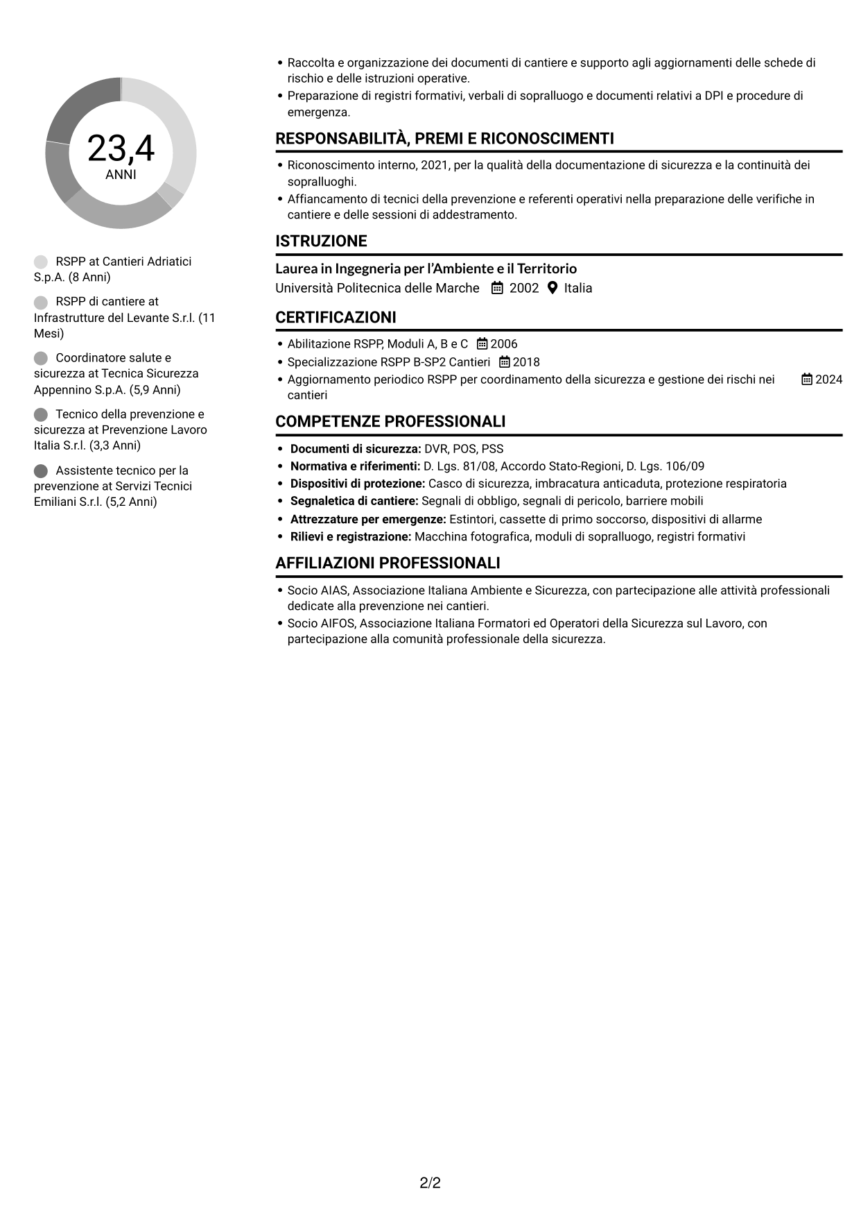 CV Compatto (formato sobrio a due colonne con foto): RSPP - Sicurezza dei cantieri infrastrutturali, pagina 2