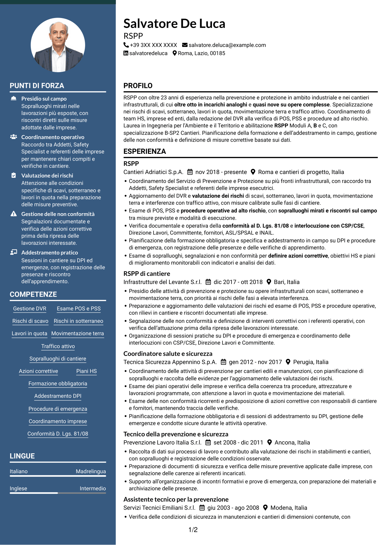 CV Elegante (formato con colonna laterale colorata e foto): RSPP - Sicurezza dei cantieri infrastrutturali, pagina 1