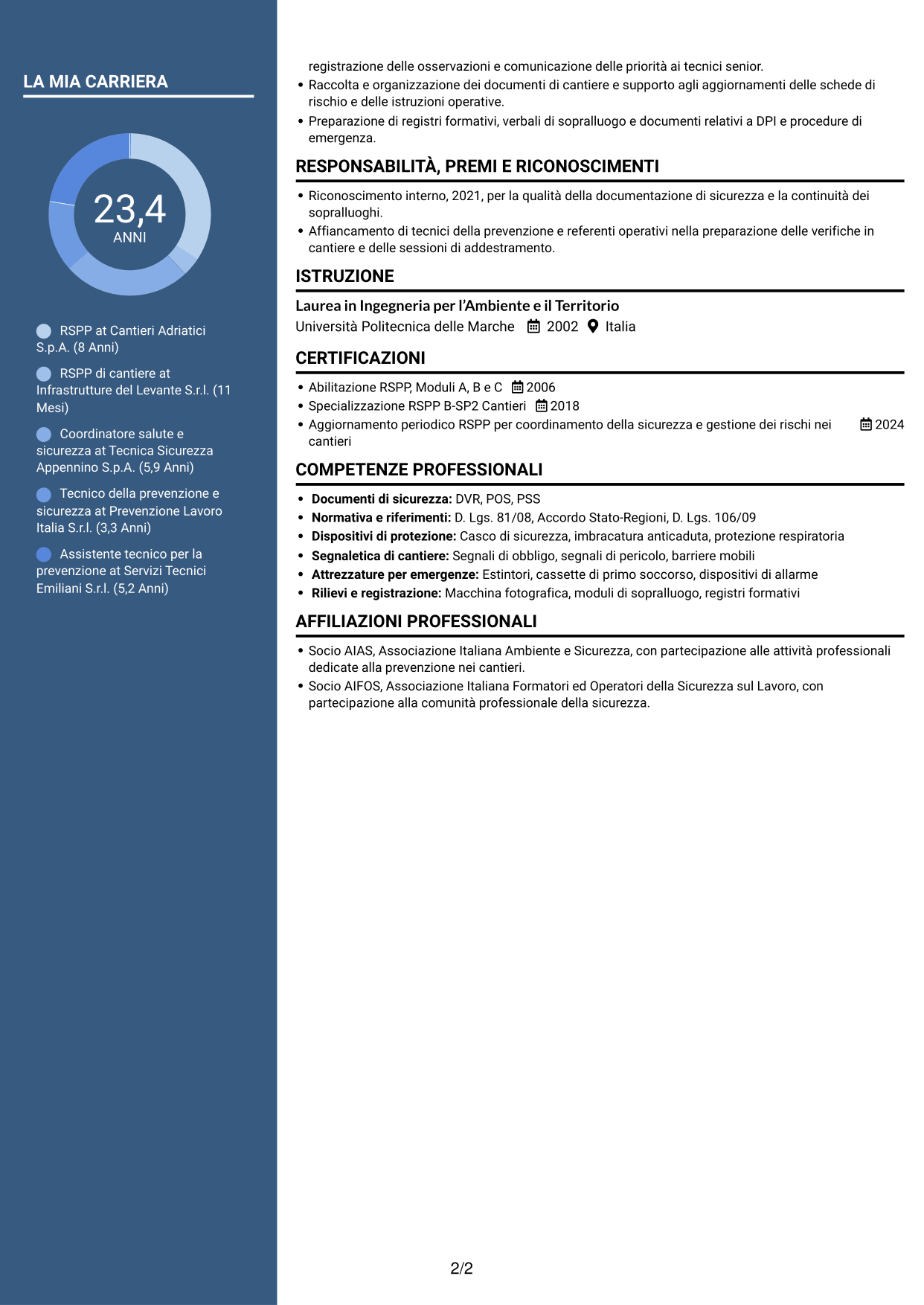 CV Elegante (formato con colonna laterale colorata e foto): RSPP - Sicurezza dei cantieri infrastrutturali, pagina 2