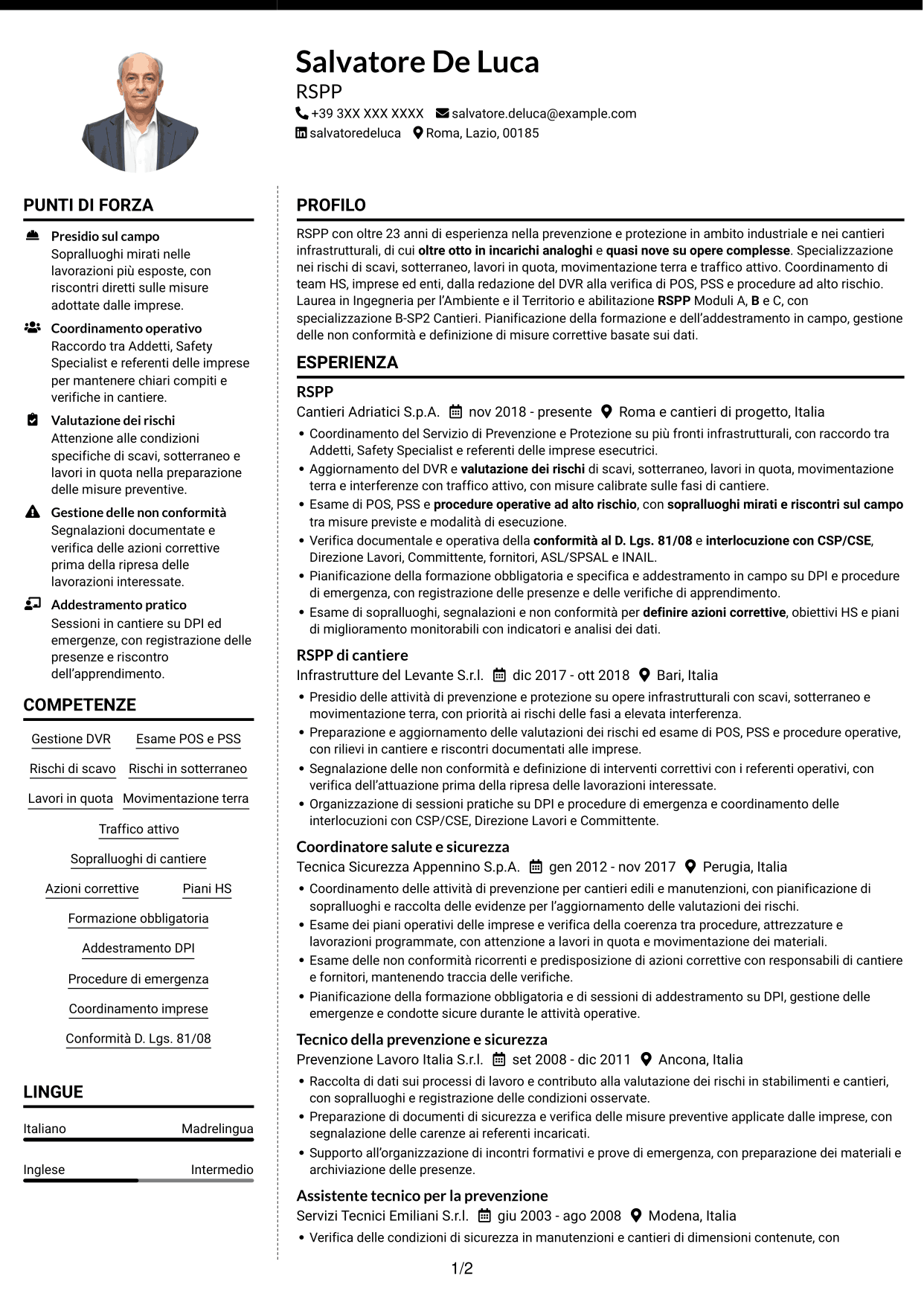 CV Moderno (formato a due colonne con foto a sinistra e separatore): RSPP - Sicurezza dei cantieri infrastrutturali, pagina 1