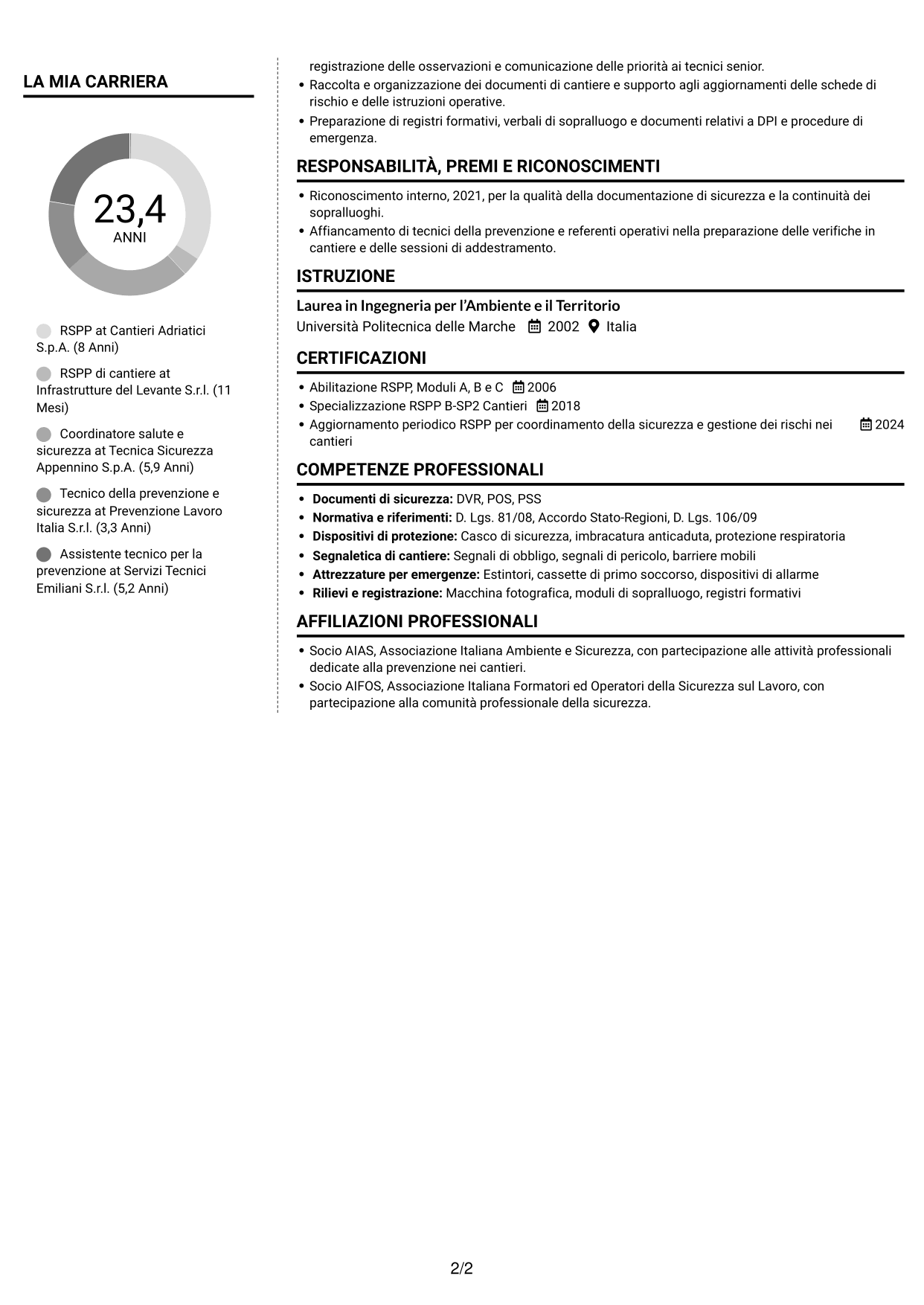 CV Moderno (formato a due colonne con foto a sinistra e separatore): RSPP - Sicurezza dei cantieri infrastrutturali, pagina 2