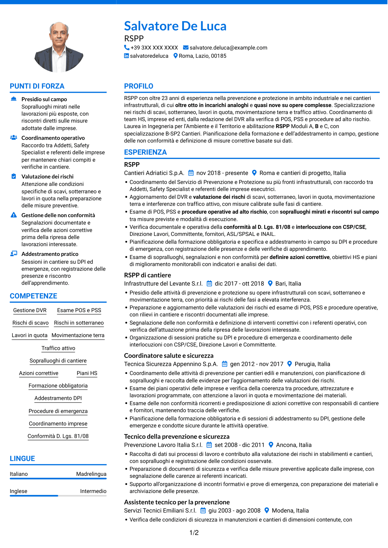CV Audace (formato a due colonne con accenti colorati e foto): RSPP - Sicurezza dei cantieri infrastrutturali, pagina 1