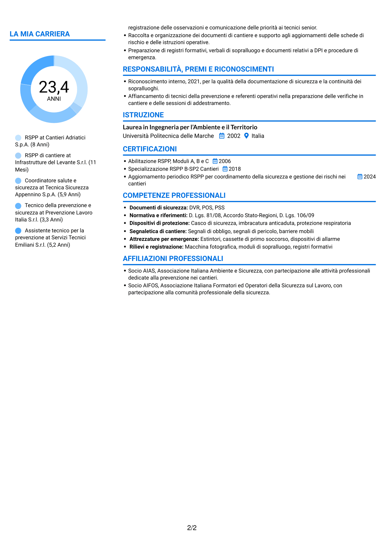 CV Audace (formato a due colonne con accenti colorati e foto): RSPP - Sicurezza dei cantieri infrastrutturali, pagina 2