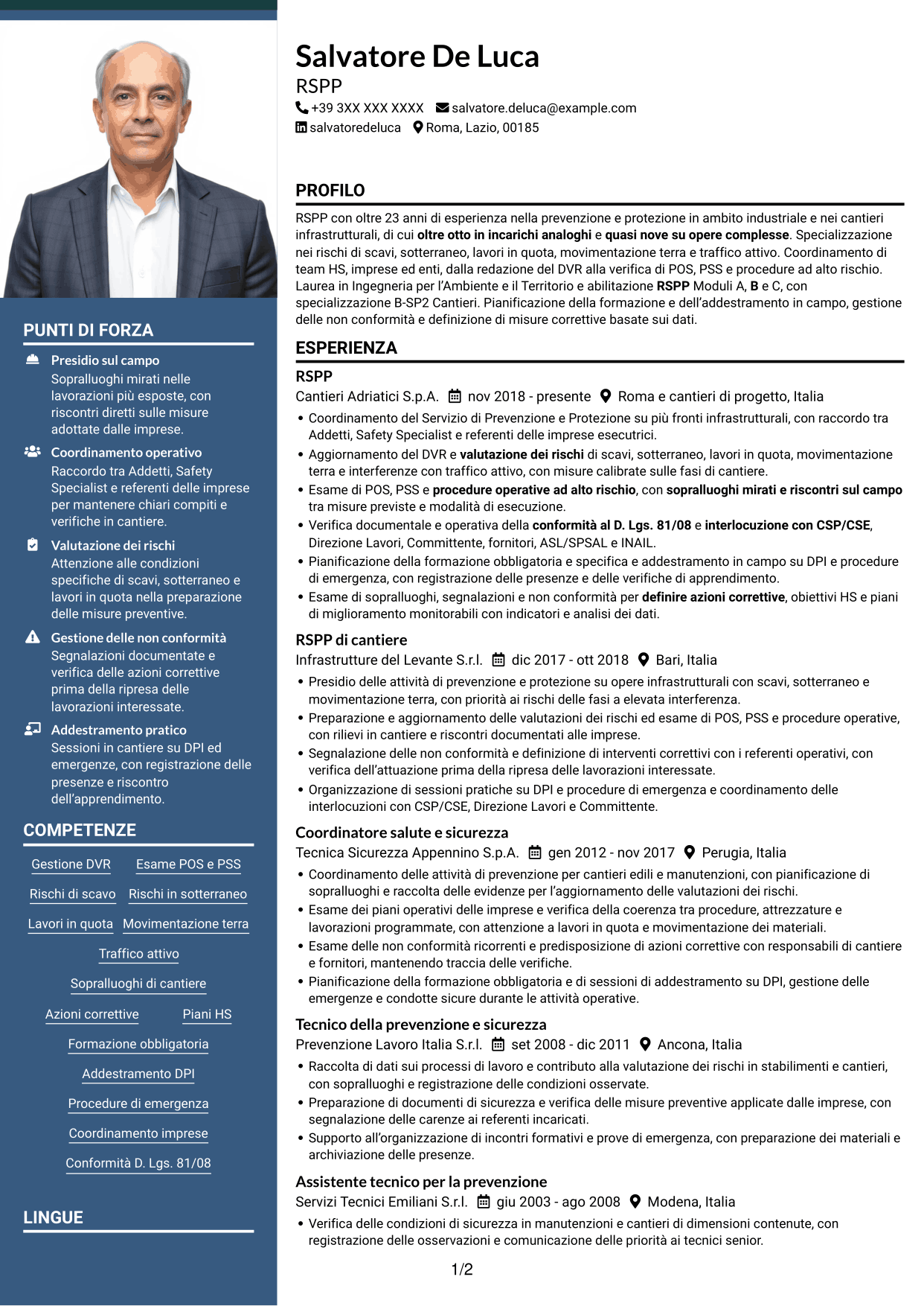 CV Signature (formato con colonna laterale colorata e foto grande): RSPP - Sicurezza dei cantieri infrastrutturali, pagina 1