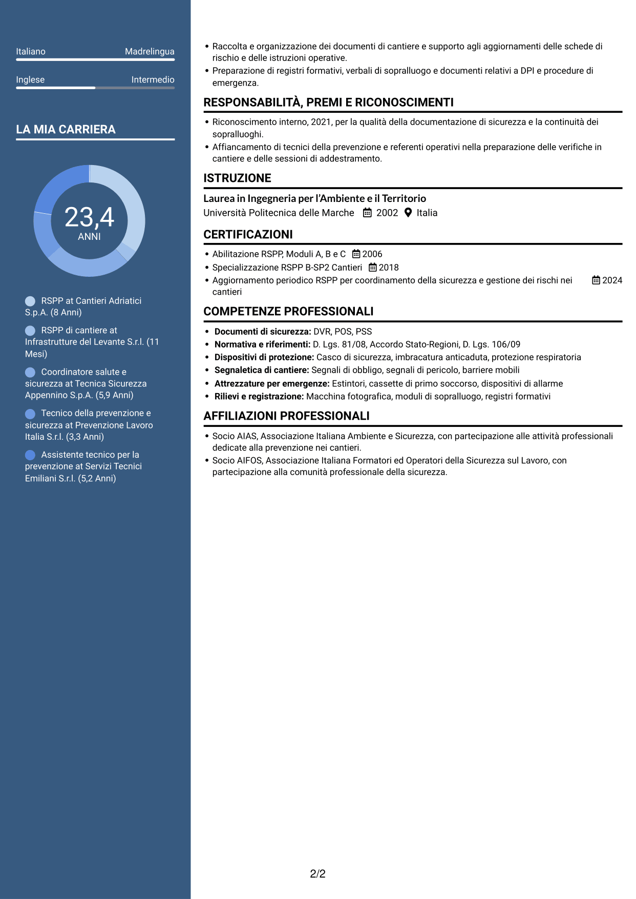 CV Signature (formato con colonna laterale colorata e foto grande): RSPP - Sicurezza dei cantieri infrastrutturali, pagina 2