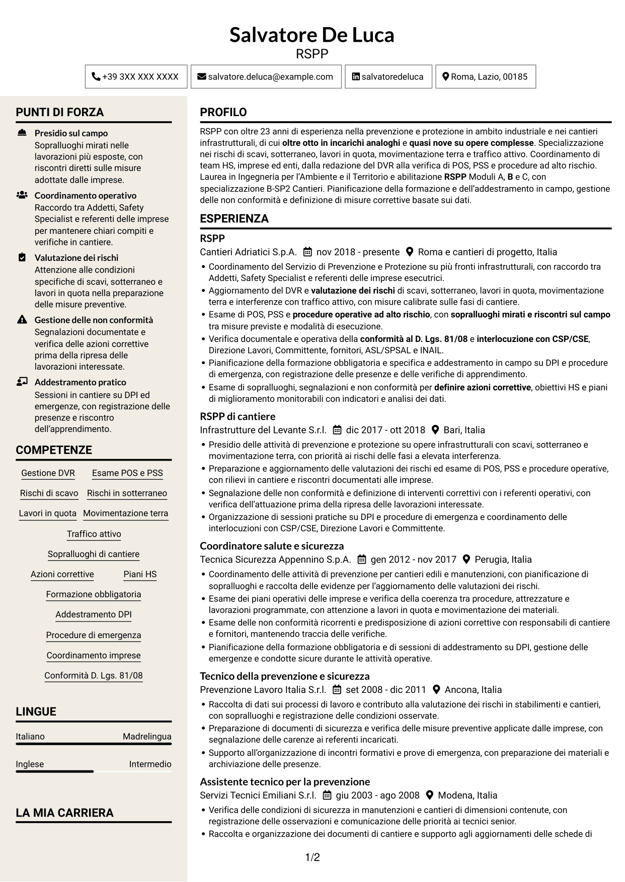 CV Intraprendente (formato a due colonne con intestazione centrata senza foto): RSPP - Sicurezza dei cantieri infrastrutturali, pagina 1