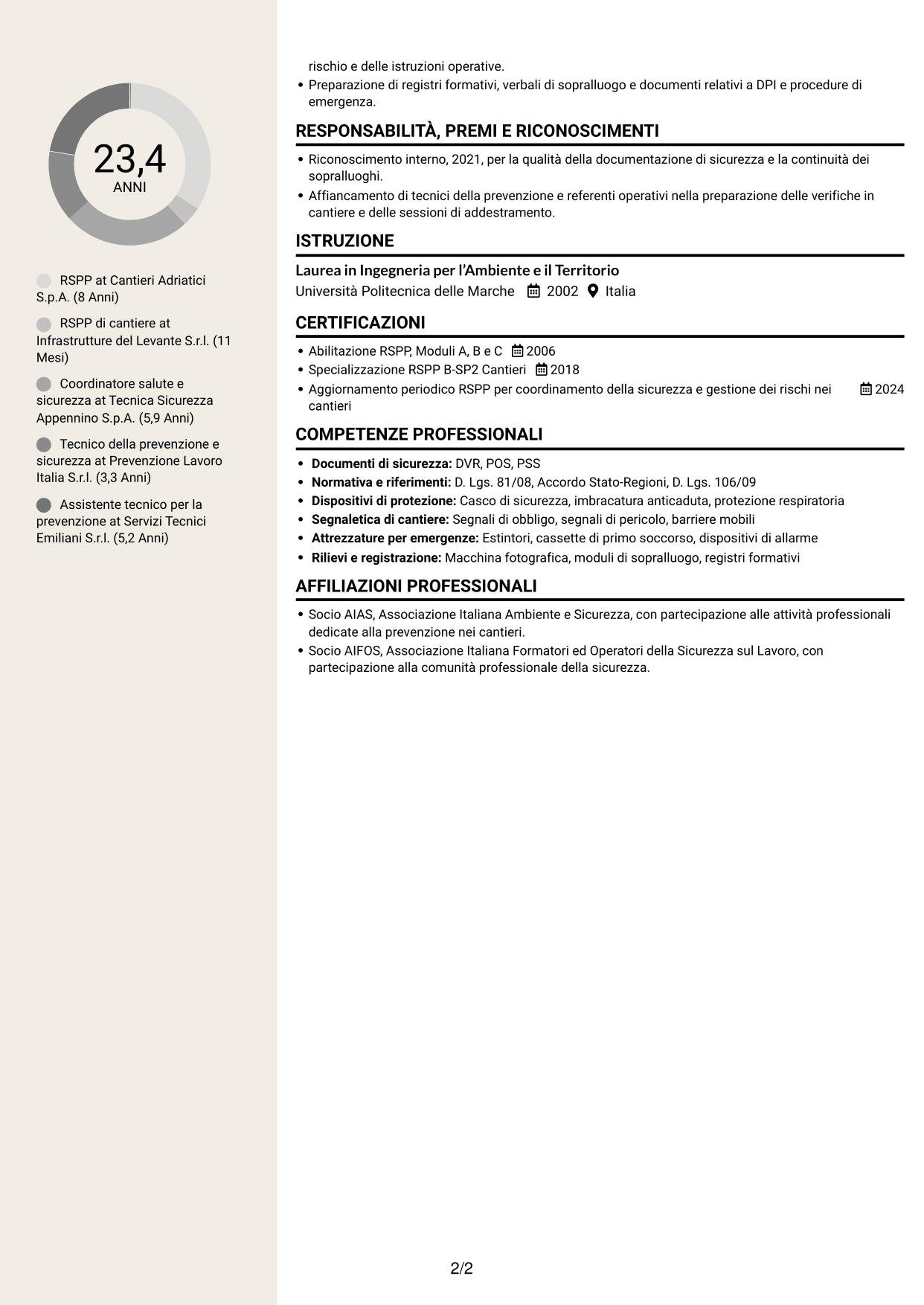 CV Intraprendente (formato a due colonne con intestazione centrata senza foto): RSPP - Sicurezza dei cantieri infrastrutturali, pagina 2