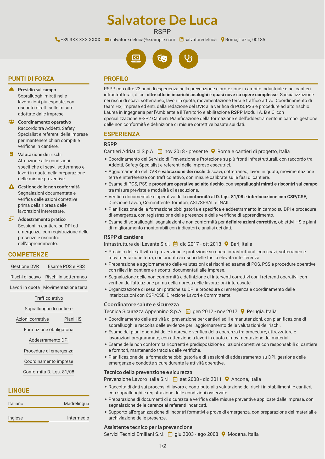 CV Dinamico (formato a due colonne con icone): RSPP - Sicurezza dei cantieri infrastrutturali, pagina 1
