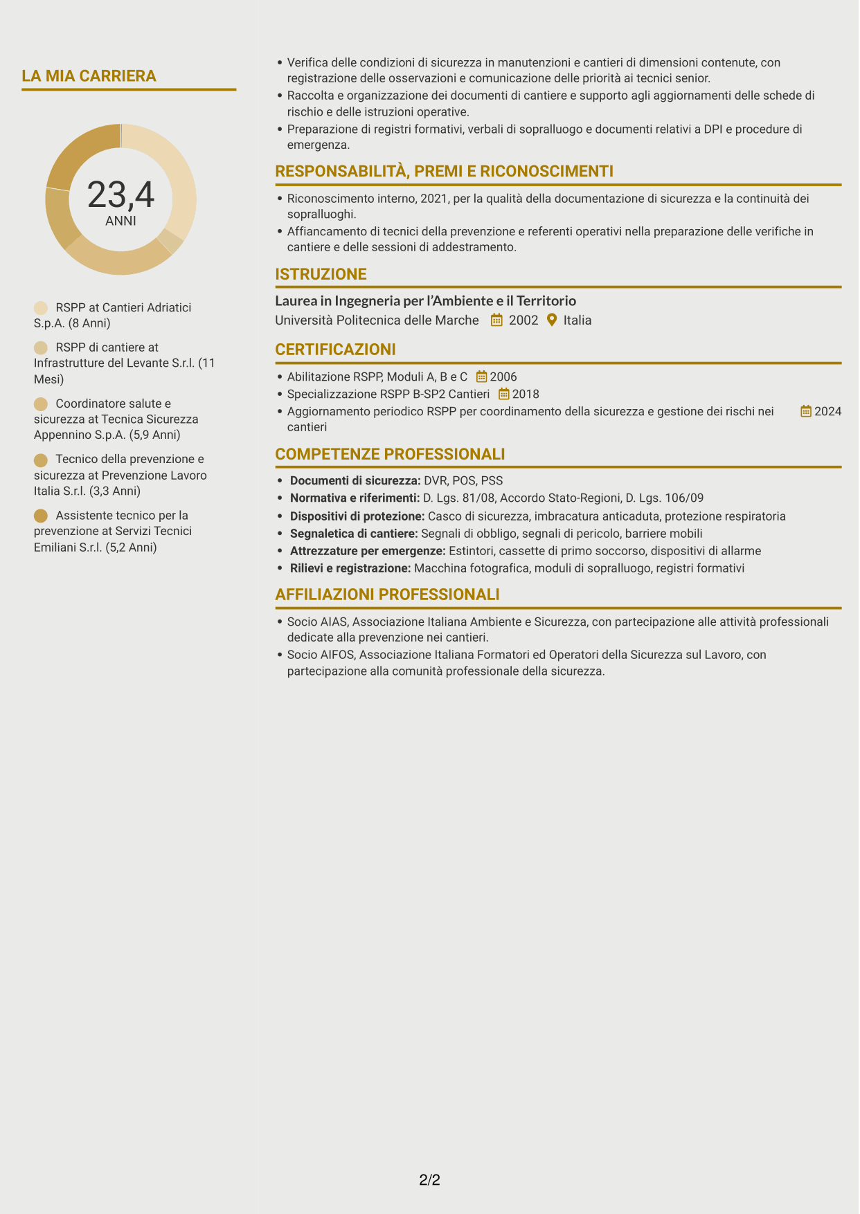 CV Dinamico (formato a due colonne con icone): RSPP - Sicurezza dei cantieri infrastrutturali, pagina 2