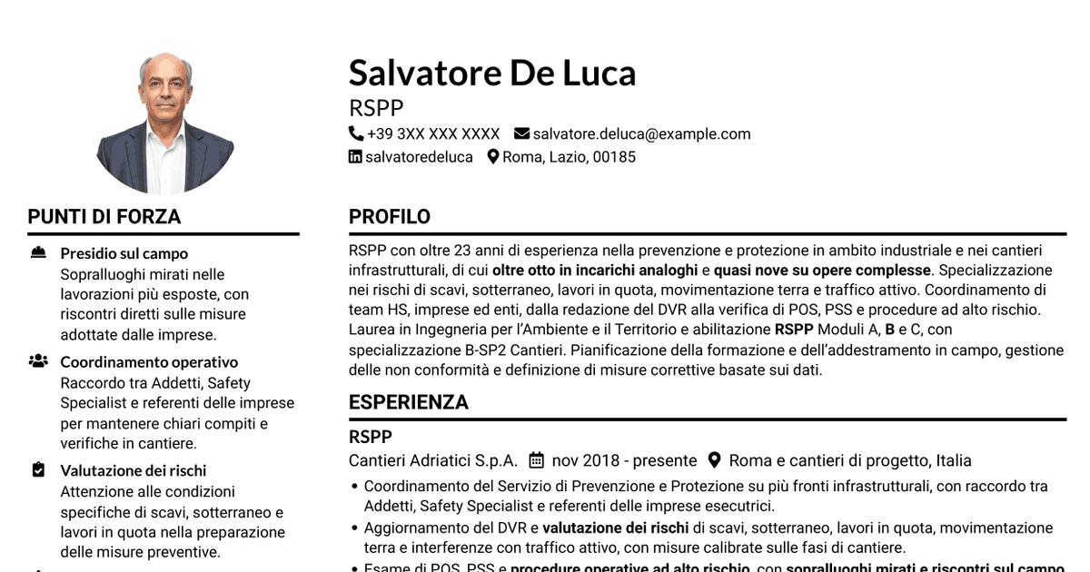 7 modelli di CV per RSPP - Sicurezza dei cantieri infrastrutturali, con esempi