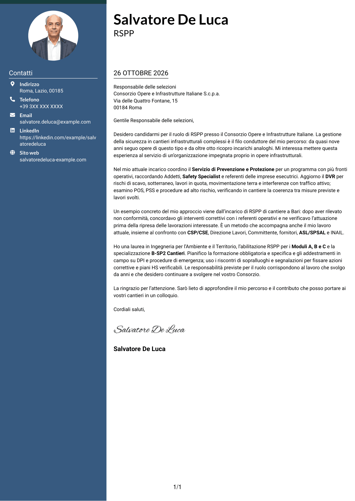 Lettera di presentazione Elegante (formato con colonna laterale colorata e foto): RSPP - Sicurezza dei cantieri infrastrutturali, pagina 1