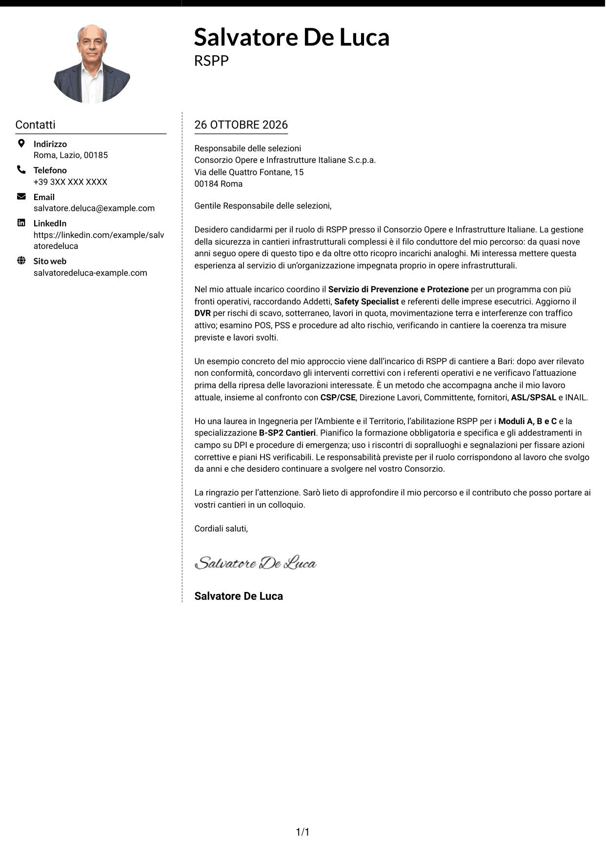 Lettera di presentazione Moderno (formato a due colonne con foto a sinistra e separatore): RSPP - Sicurezza dei cantieri infrastrutturali, pagina 1