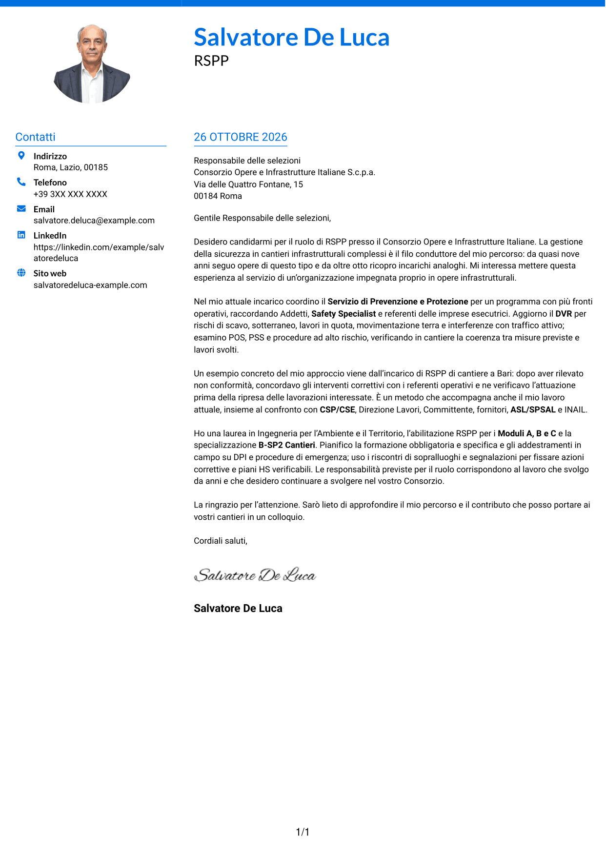 Lettera di presentazione Audace (formato a due colonne con accenti colorati e foto): RSPP - Sicurezza dei cantieri infrastrutturali, pagina 1