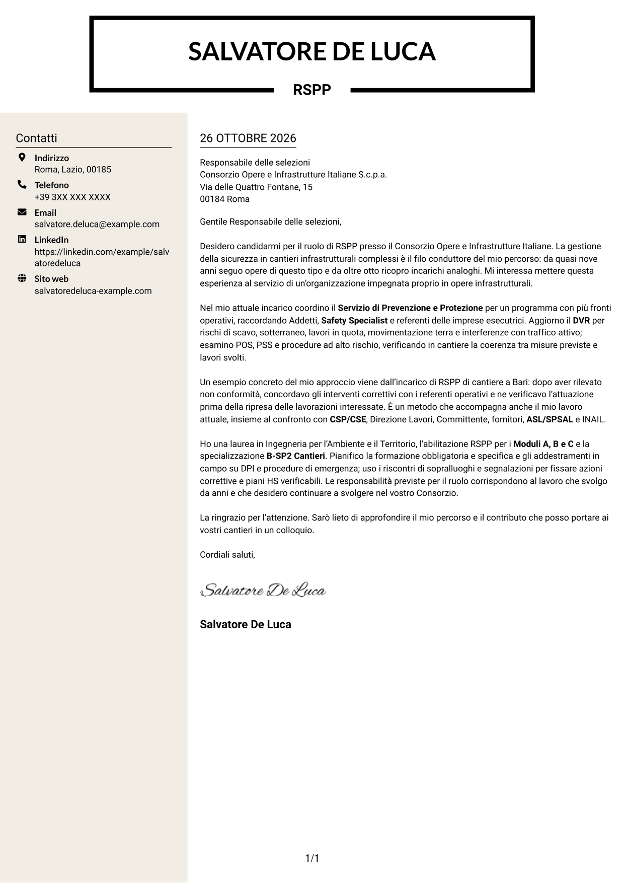 Lettera di presentazione Intraprendente (formato a due colonne con intestazione centrata senza foto): RSPP - Sicurezza dei cantieri infrastrutturali, pagina 1
