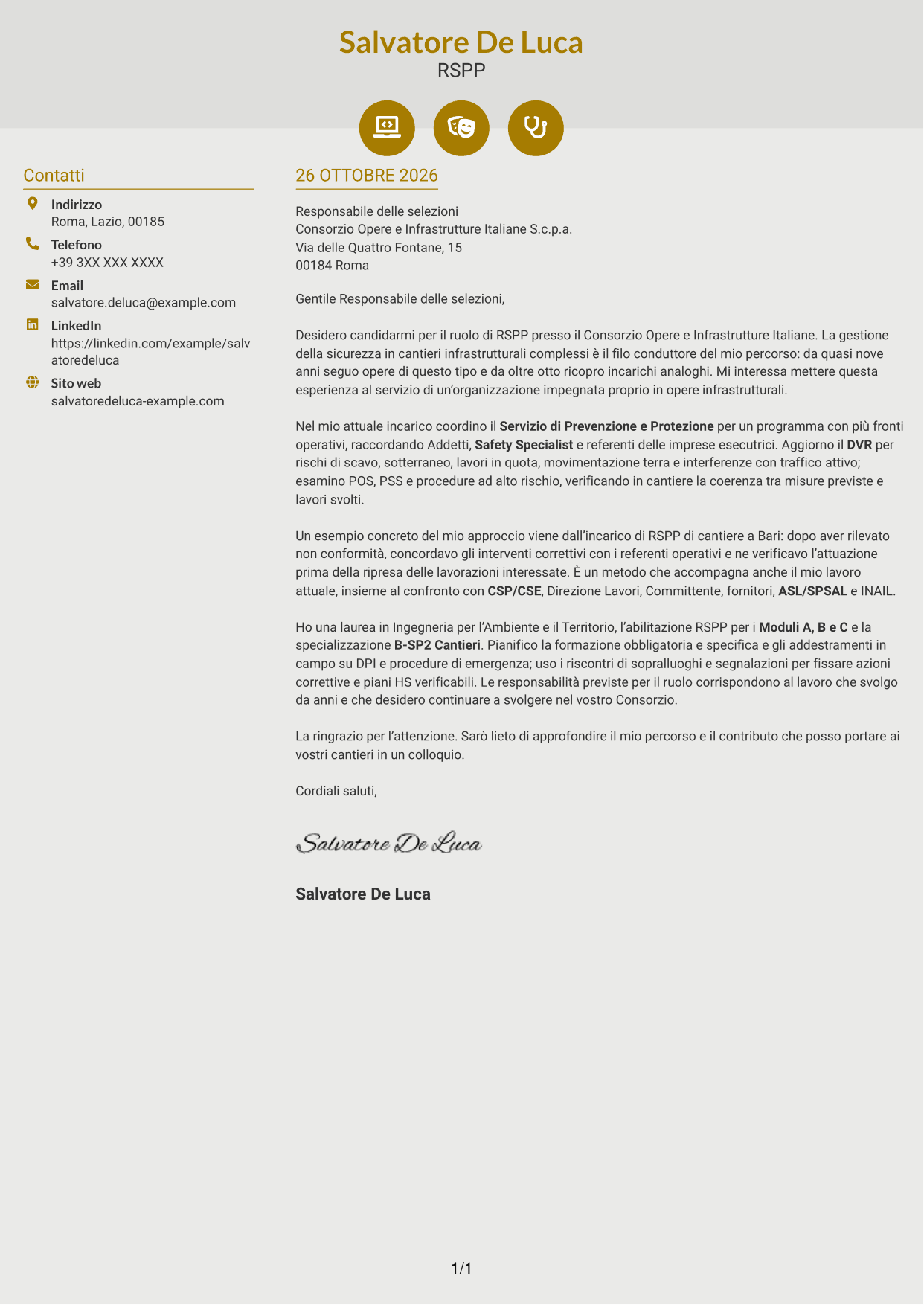 Lettera di presentazione Dinamico (formato a due colonne con icone): RSPP - Sicurezza dei cantieri infrastrutturali, pagina 1