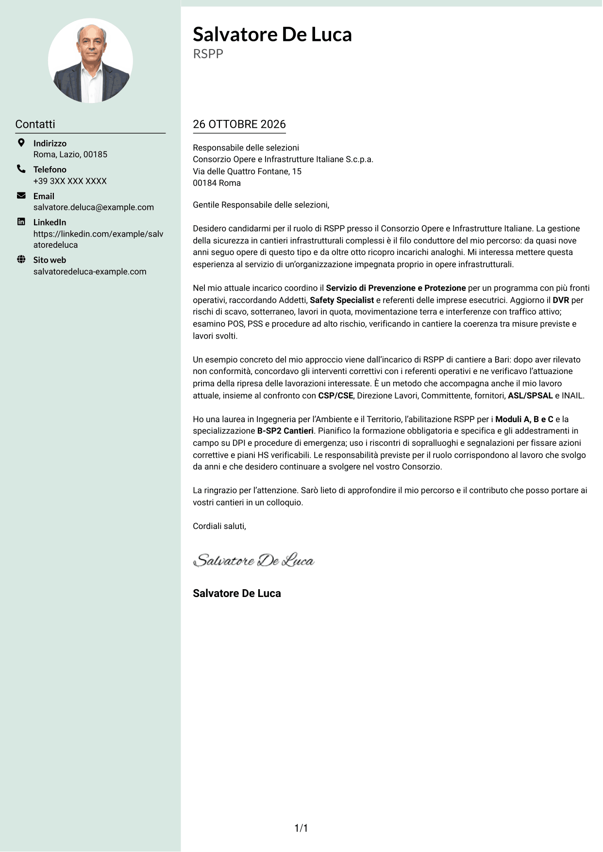 Lettera di presentazione Dirigente (formato con colonna laterale tenue e foto arrotondata): RSPP - Sicurezza dei cantieri infrastrutturali, pagina 1
