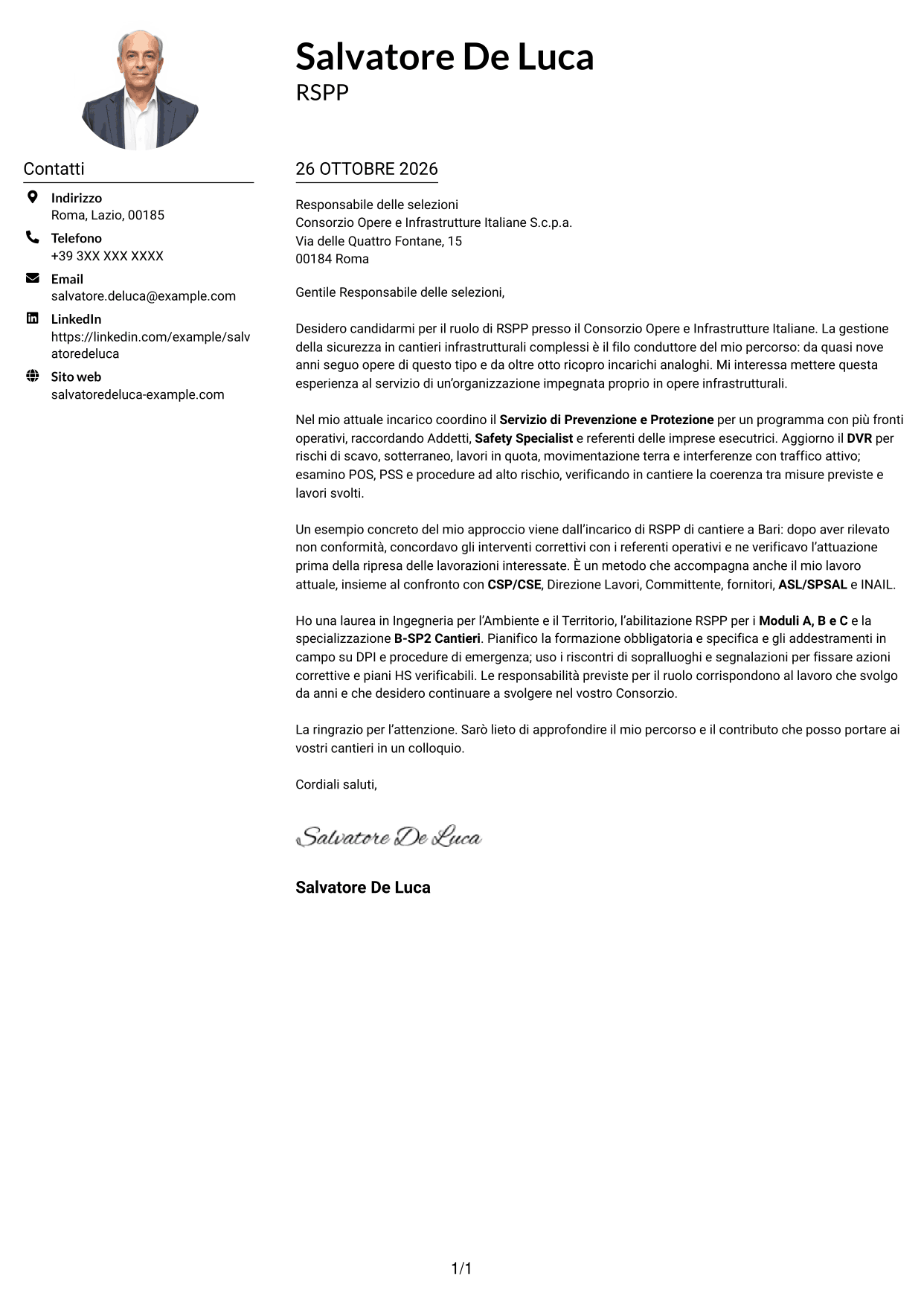 Esempio di lettera di presentazione — pagina 1