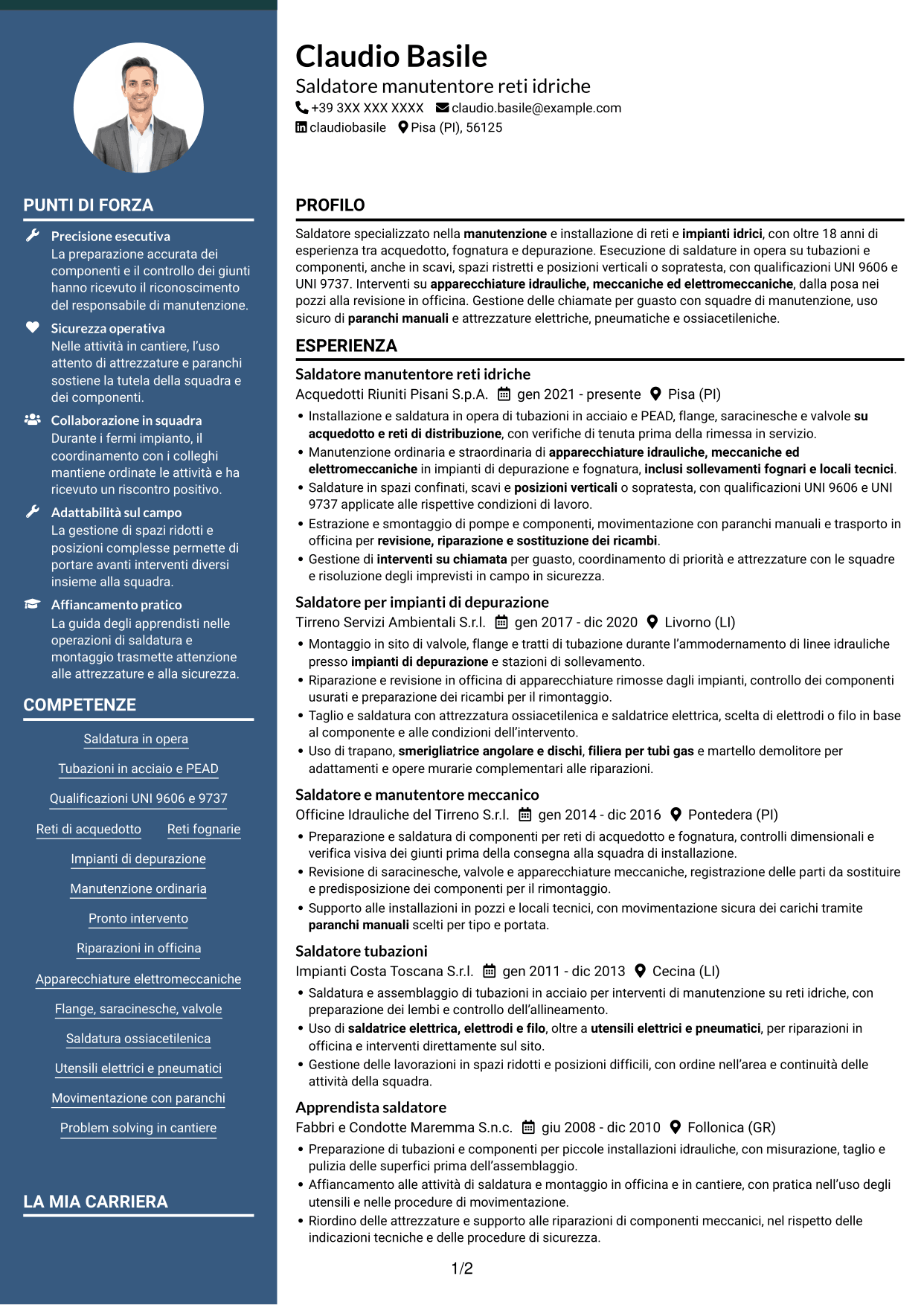 CV Elegante (formato con colonna laterale colorata e foto): Saldatore - Reti e impianti idrici, pagina 1