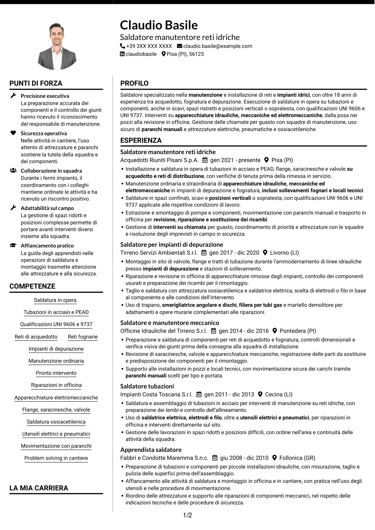 CV Moderno (formato a due colonne con foto a sinistra e separatore): Saldatore - Reti e impianti idrici, pagina 1