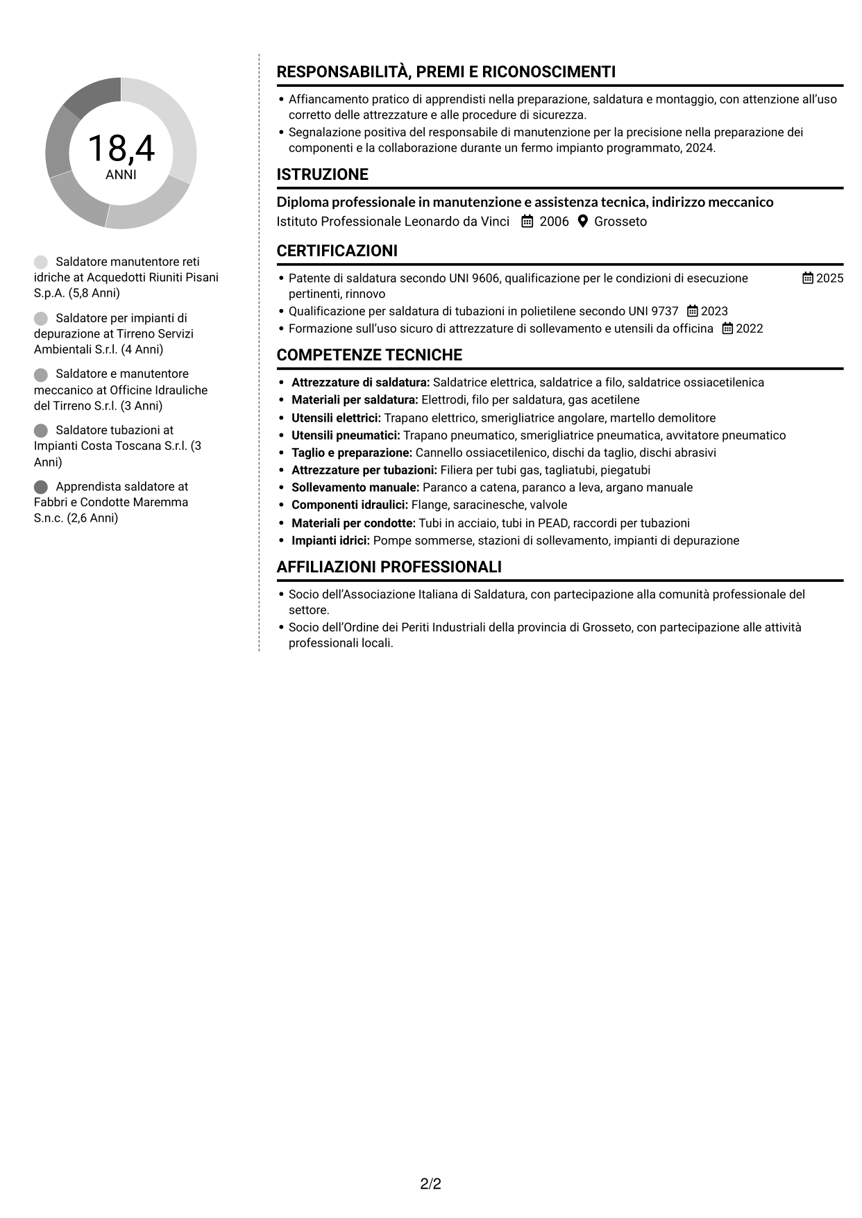 CV Moderno (formato a due colonne con foto a sinistra e separatore): Saldatore - Reti e impianti idrici, pagina 2