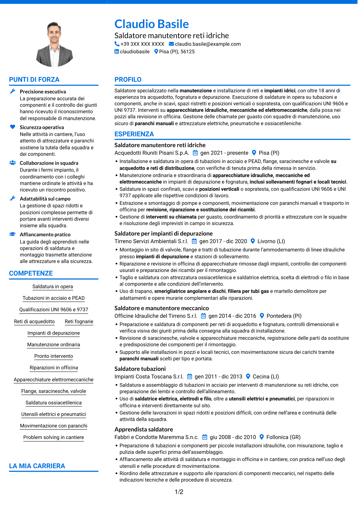 CV Audace (formato a due colonne con accenti colorati e foto): Saldatore - Reti e impianti idrici, pagina 1