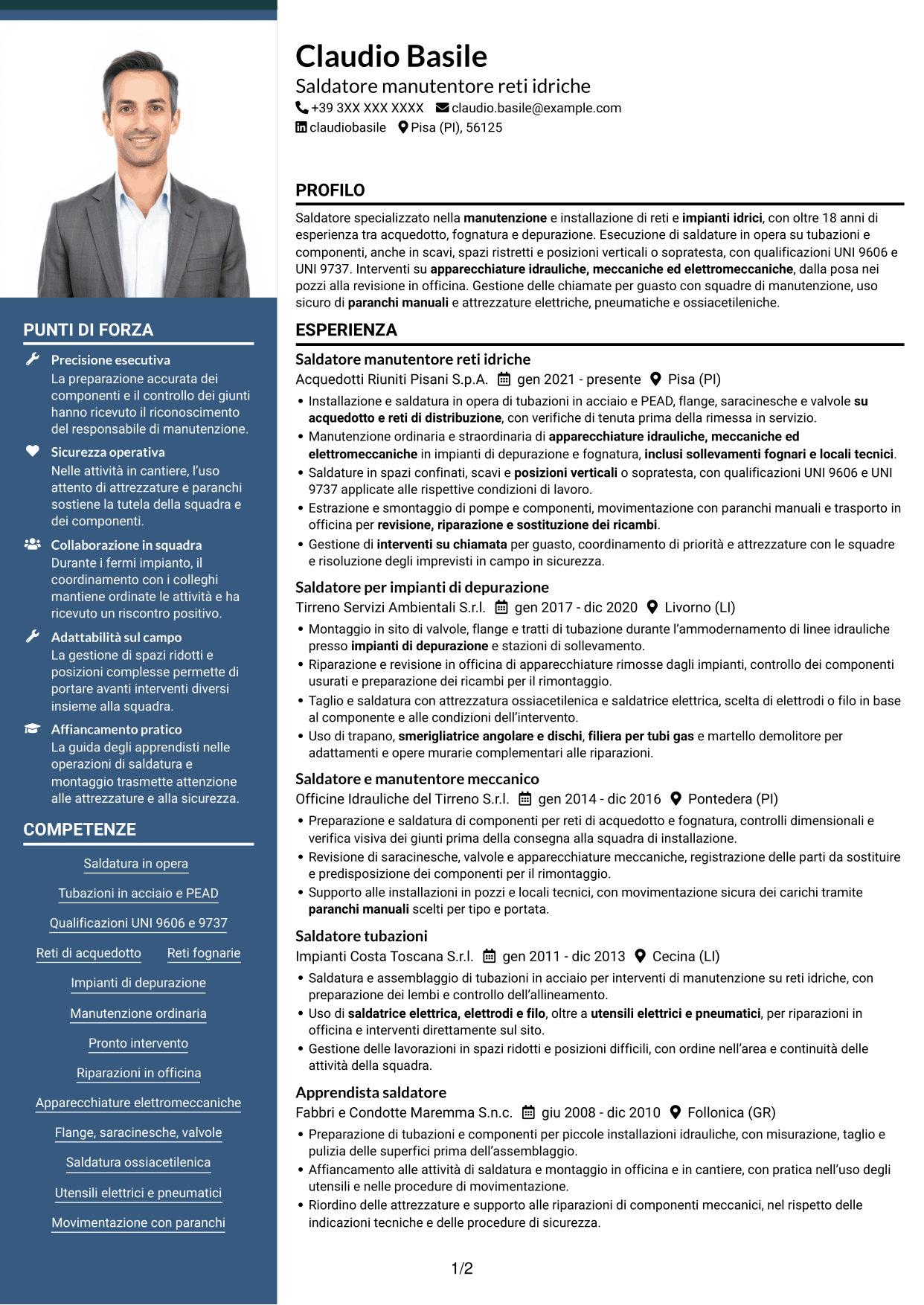 CV Signature (formato con colonna laterale colorata e foto grande): Saldatore - Reti e impianti idrici, pagina 1