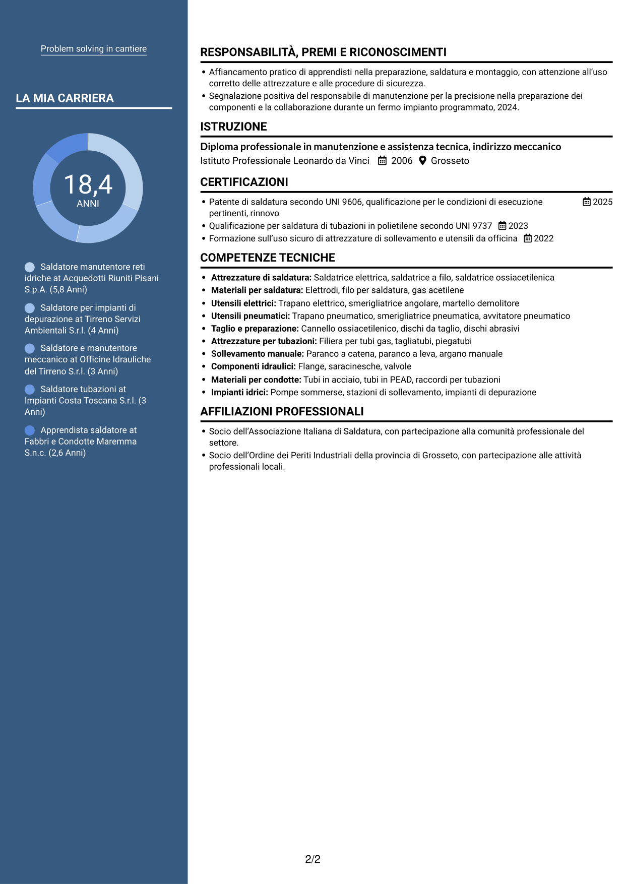CV Signature (formato con colonna laterale colorata e foto grande): Saldatore - Reti e impianti idrici, pagina 2