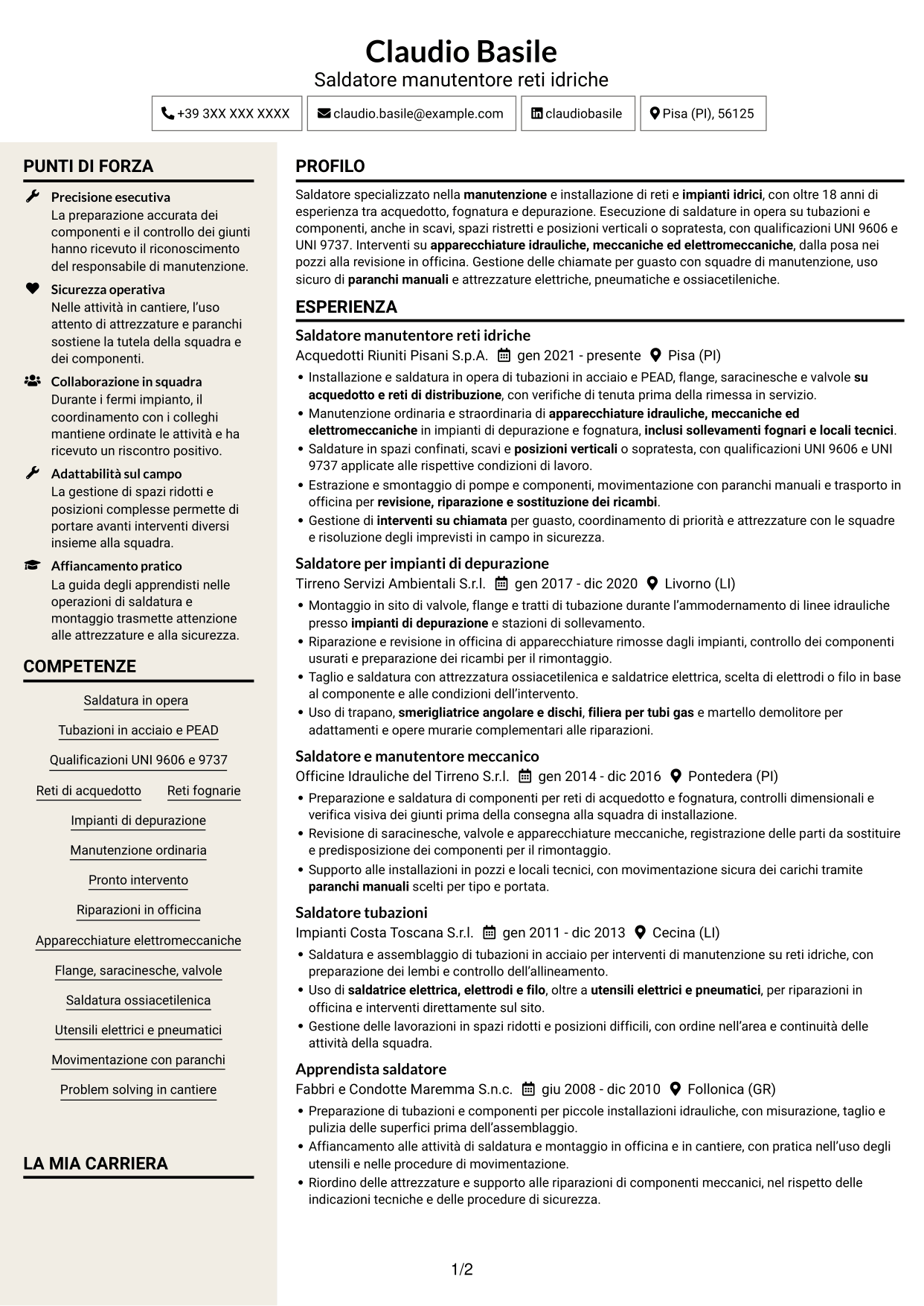 CV Intraprendente (formato a due colonne con intestazione centrata senza foto): Saldatore - Reti e impianti idrici, pagina 1