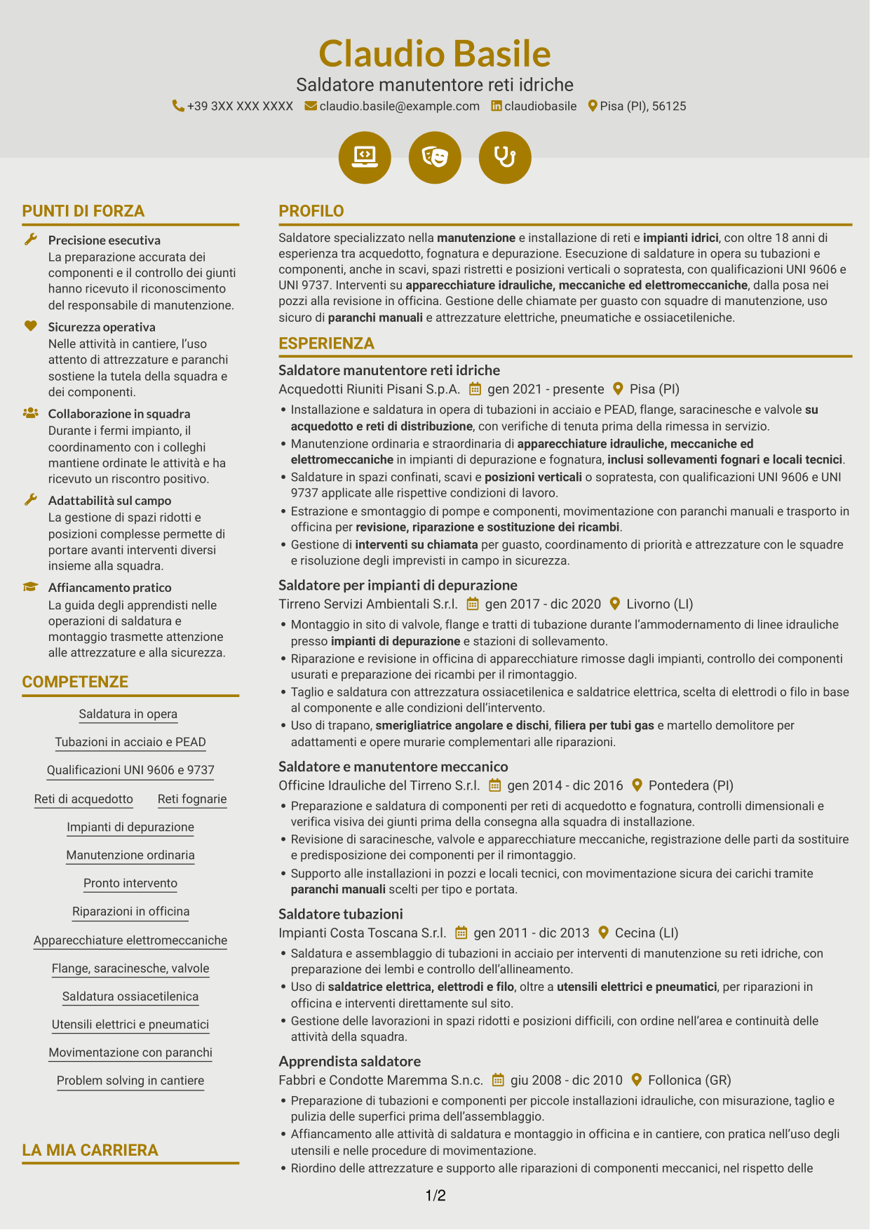CV Dinamico (formato a due colonne con icone): Saldatore - Reti e impianti idrici, pagina 1