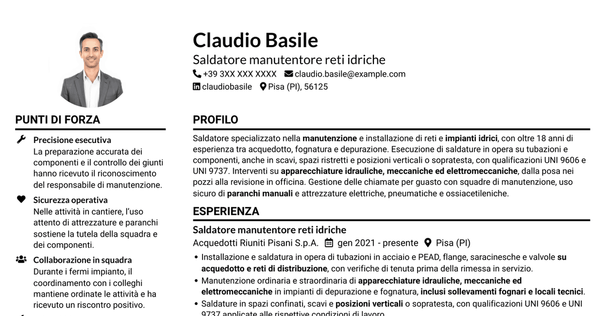 7 modelli di CV per Saldatore - Reti e impianti idrici, con esempi