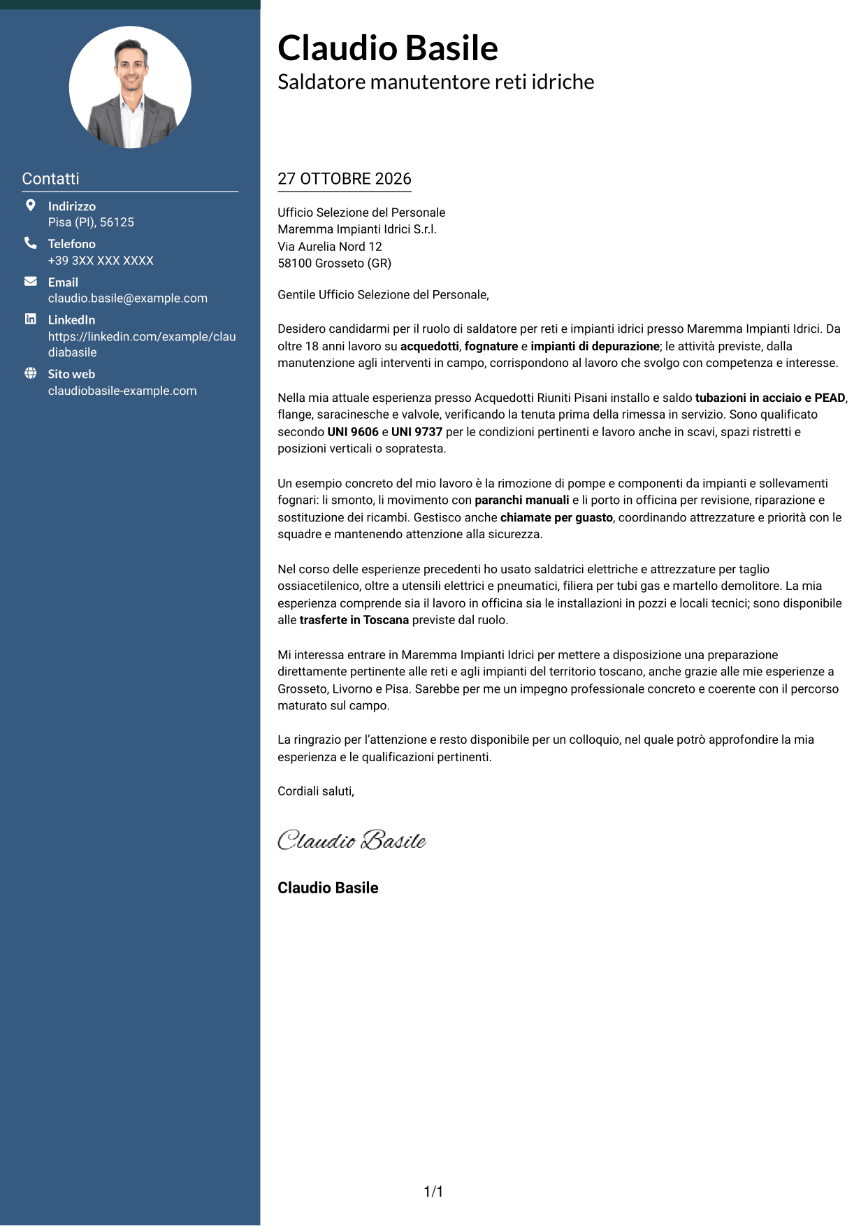 Lettera di presentazione Elegante (formato con colonna laterale colorata e foto): Saldatore - Reti e impianti idrici, pagina 1