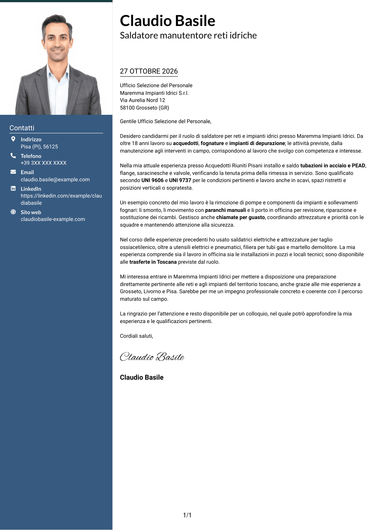 Lettera di presentazione Signature (formato con colonna laterale colorata e foto grande): Saldatore - Reti e impianti idrici, pagina 1