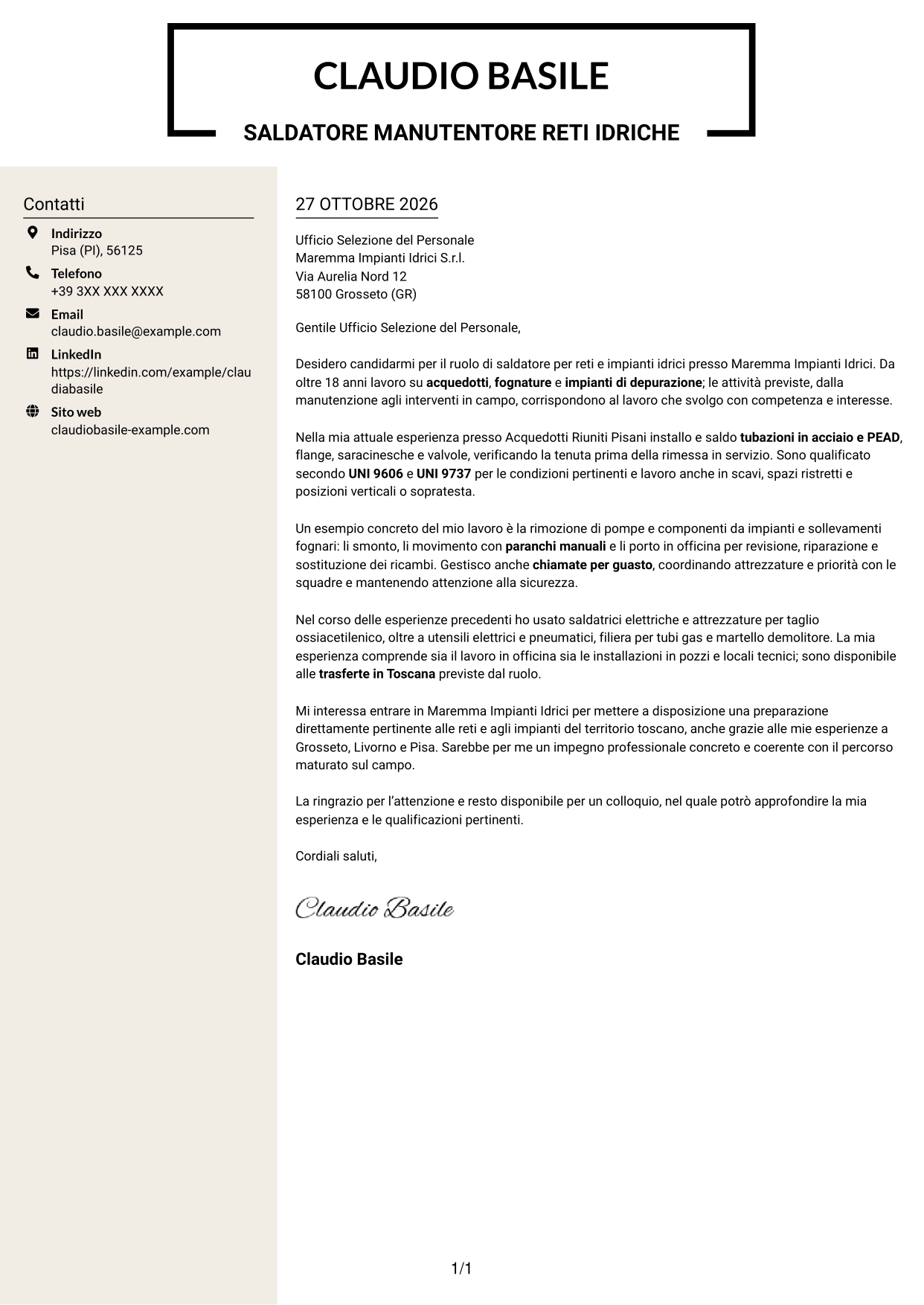 Lettera di presentazione Intraprendente (formato a due colonne con intestazione centrata senza foto): Saldatore - Reti e impianti idrici, pagina 1