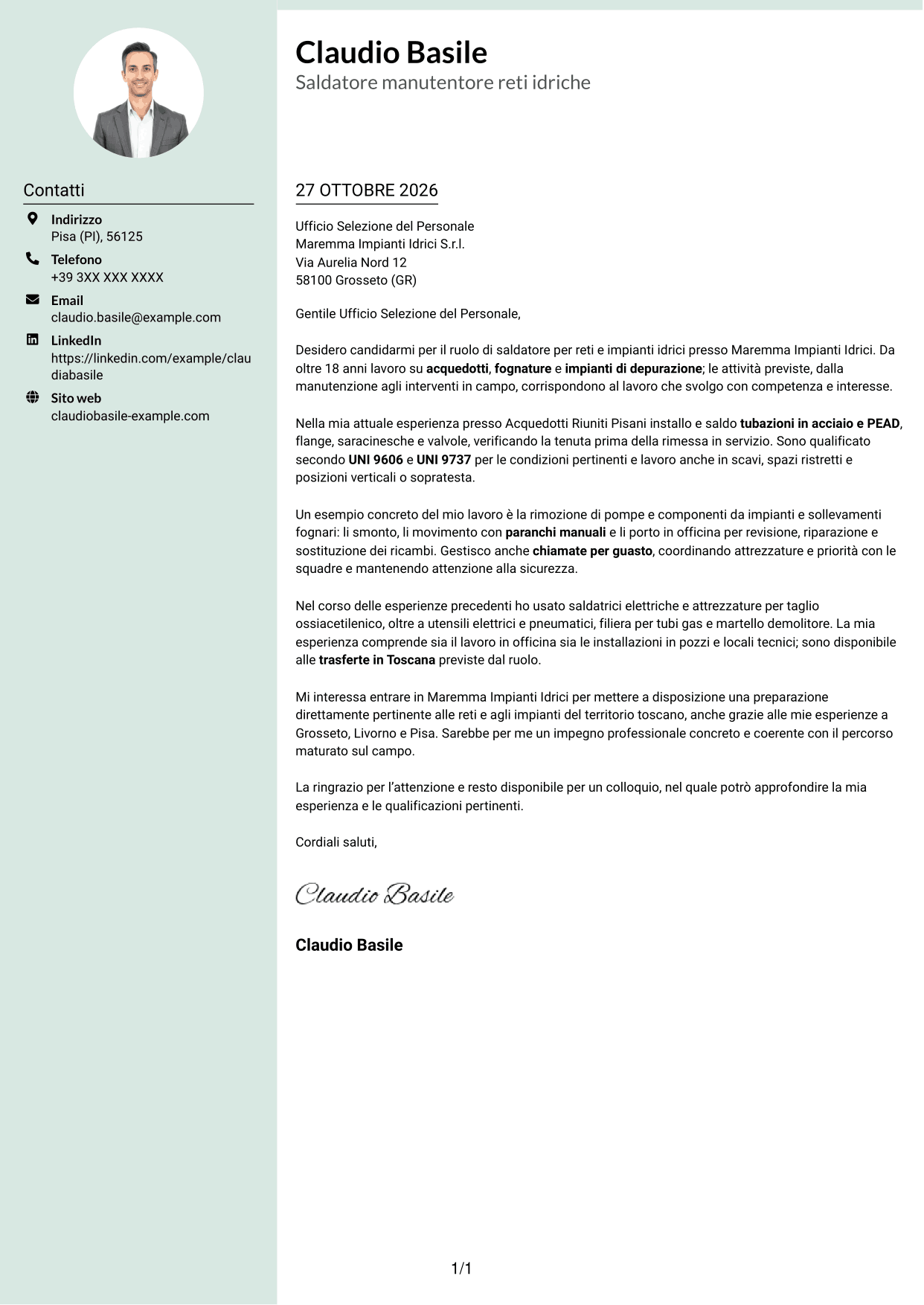 Lettera di presentazione Dirigente (formato con colonna laterale tenue e foto arrotondata): Saldatore - Reti e impianti idrici, pagina 1