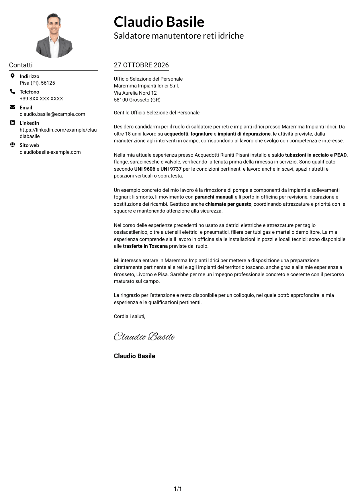 Esempio di lettera di presentazione — pagina 1