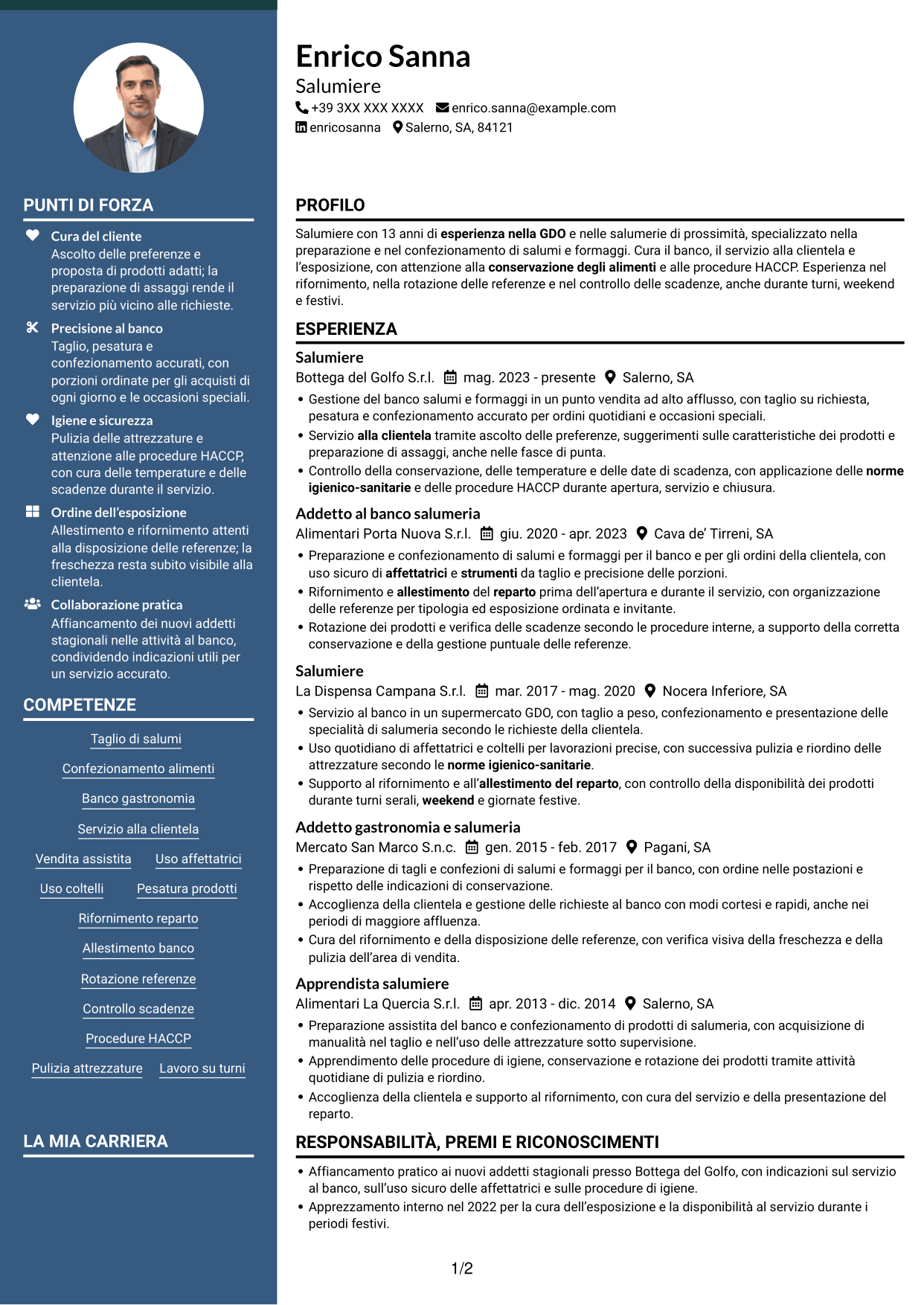 CV Elegante (formato con colonna laterale colorata e foto): Salumiere - Banco salumi e formaggi, pagina 1
