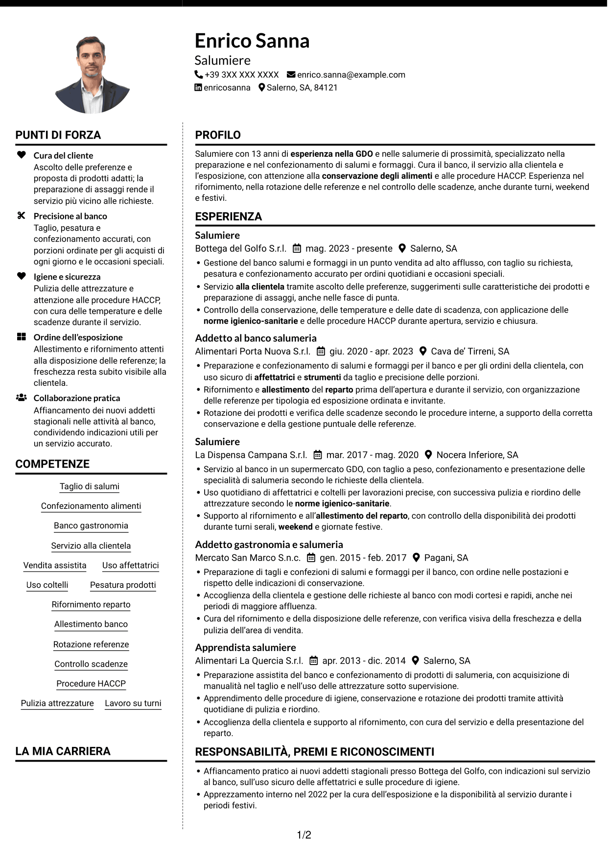 CV Moderno (formato a due colonne con foto a sinistra e separatore): Salumiere - Banco salumi e formaggi, pagina 1