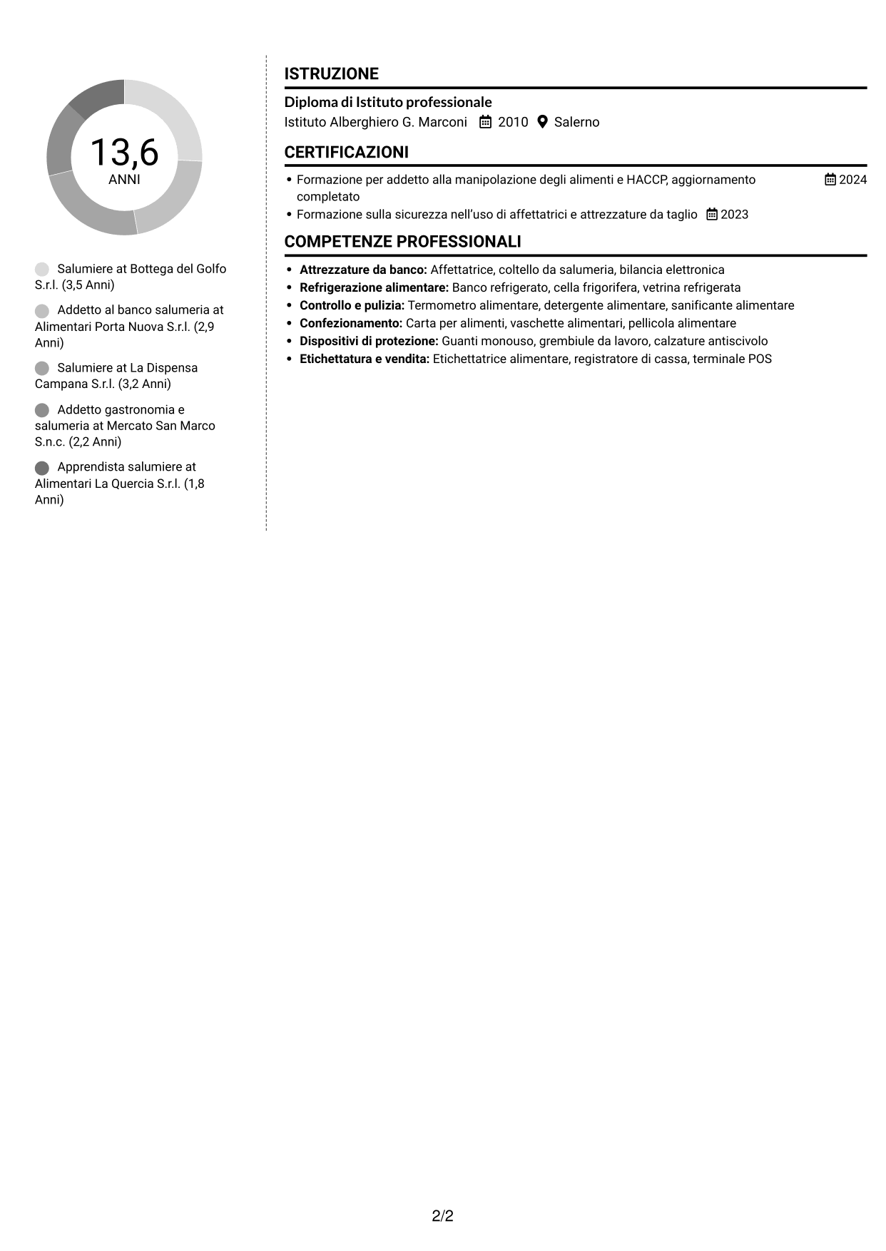 CV Moderno (formato a due colonne con foto a sinistra e separatore): Salumiere - Banco salumi e formaggi, pagina 2