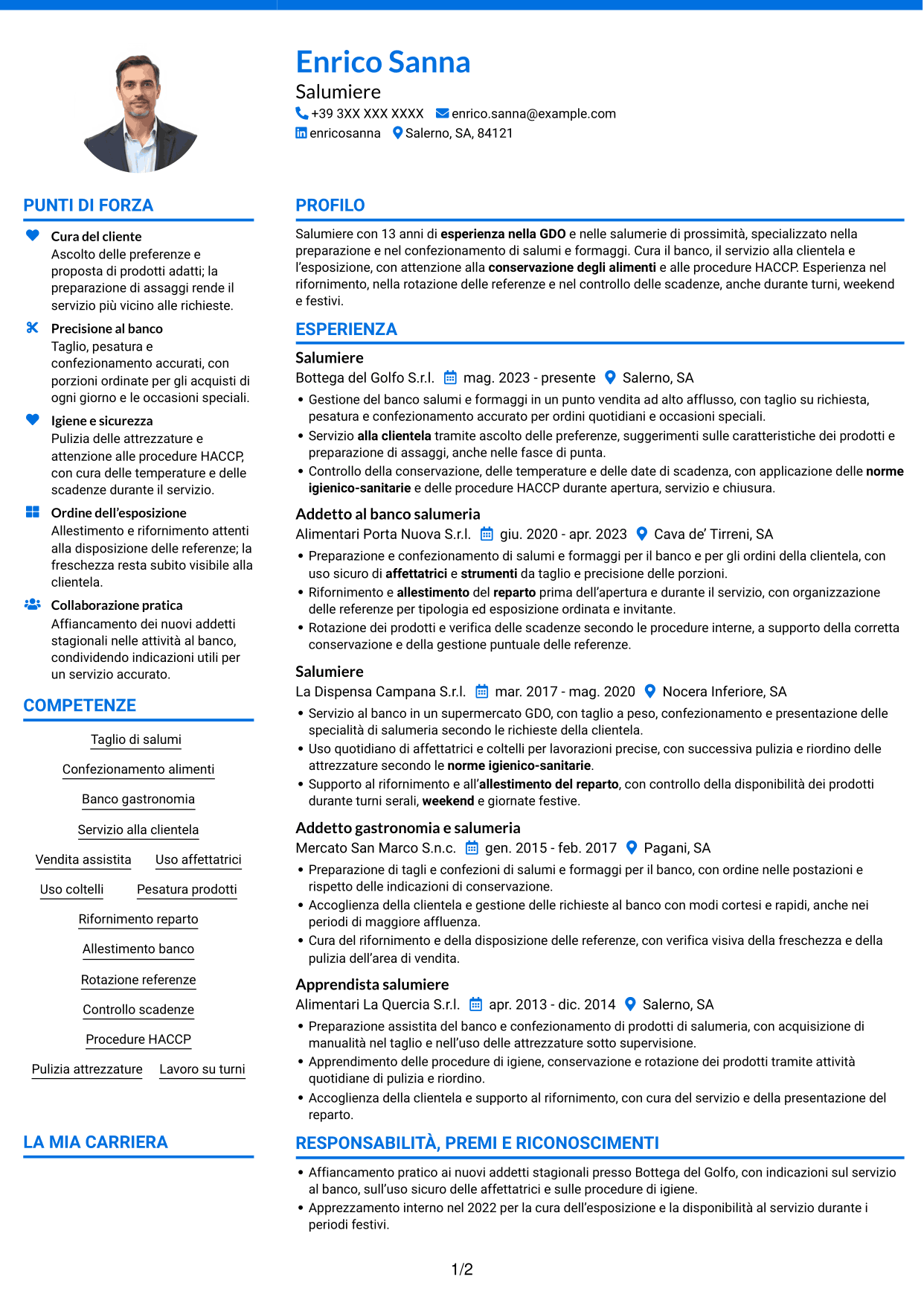 CV Audace (formato a due colonne con accenti colorati e foto): Salumiere - Banco salumi e formaggi, pagina 1