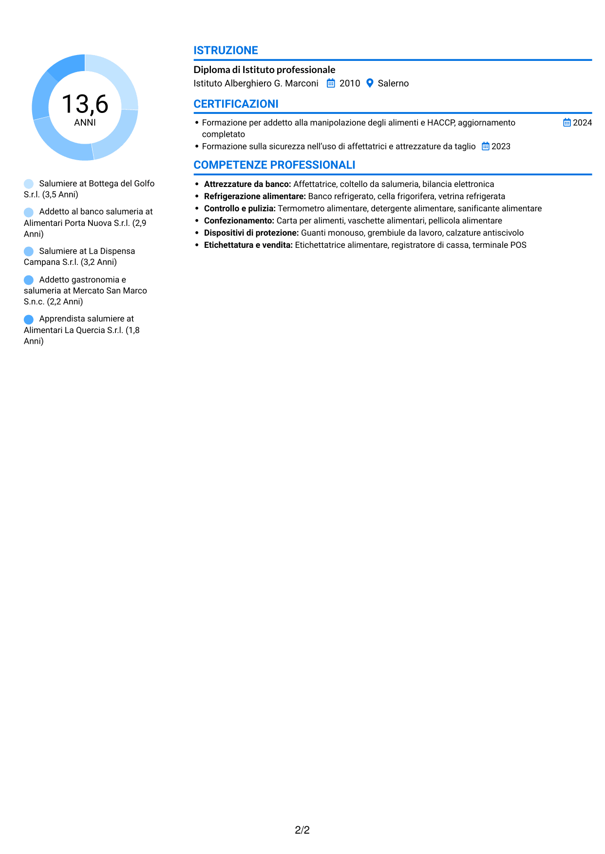 CV Audace (formato a due colonne con accenti colorati e foto): Salumiere - Banco salumi e formaggi, pagina 2
