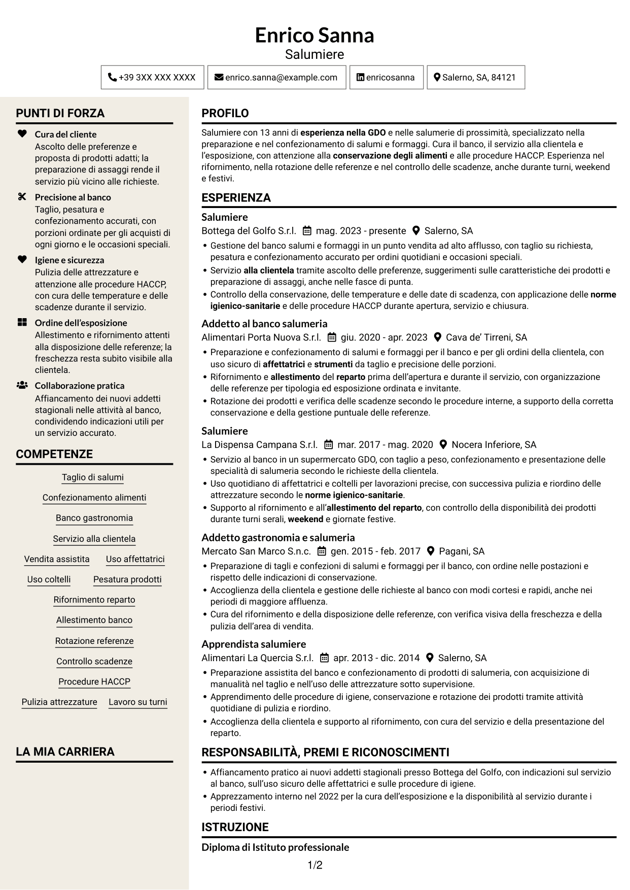 CV Intraprendente (formato a due colonne con intestazione centrata senza foto): Salumiere - Banco salumi e formaggi, pagina 1
