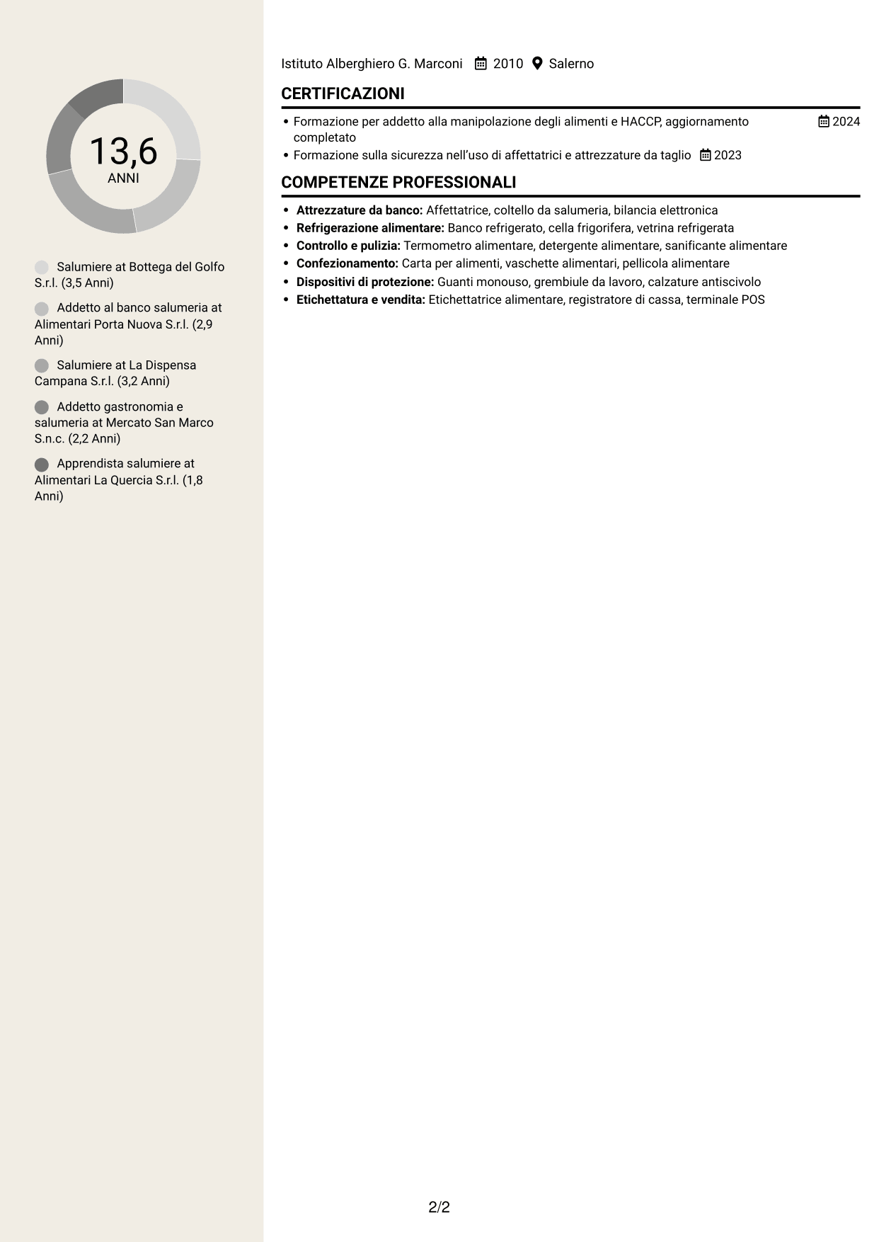 CV Intraprendente (formato a due colonne con intestazione centrata senza foto): Salumiere - Banco salumi e formaggi, pagina 2