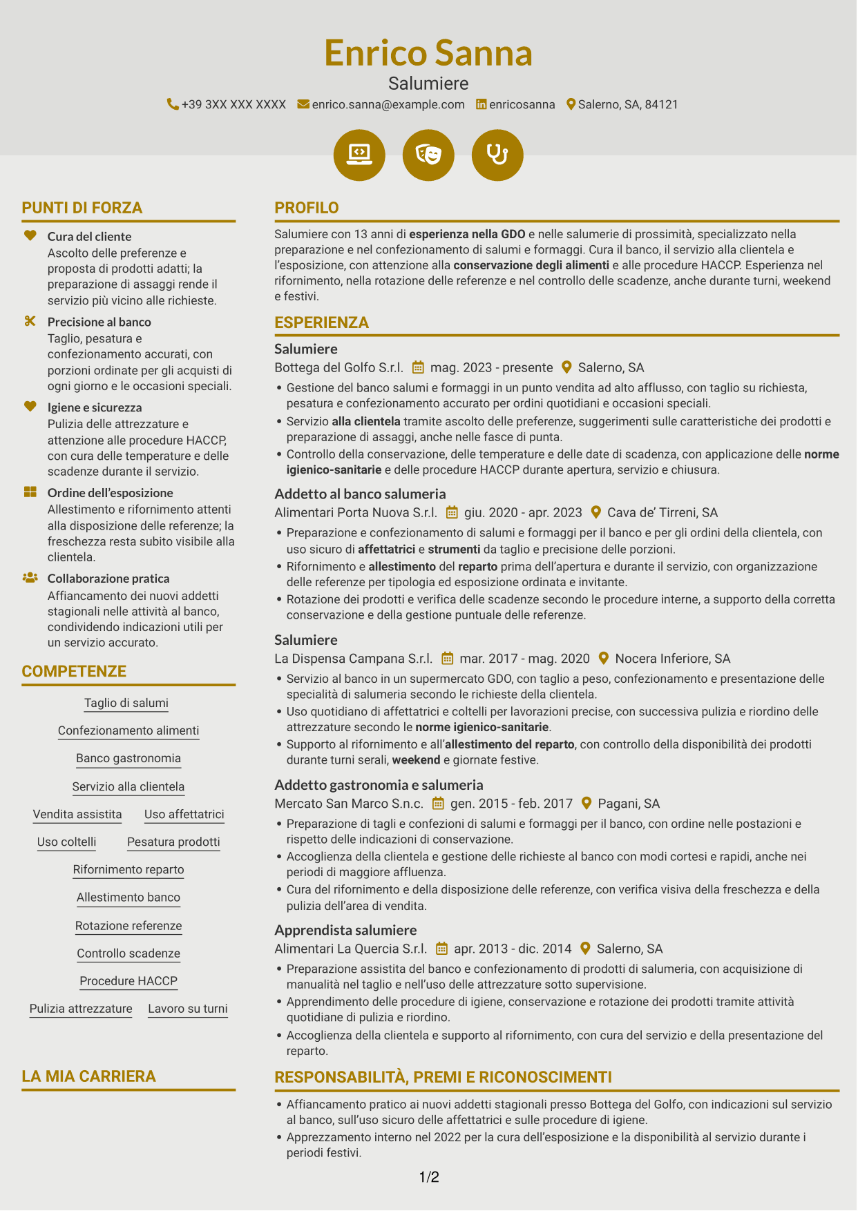 CV Dinamico (formato a due colonne con icone): Salumiere - Banco salumi e formaggi, pagina 1