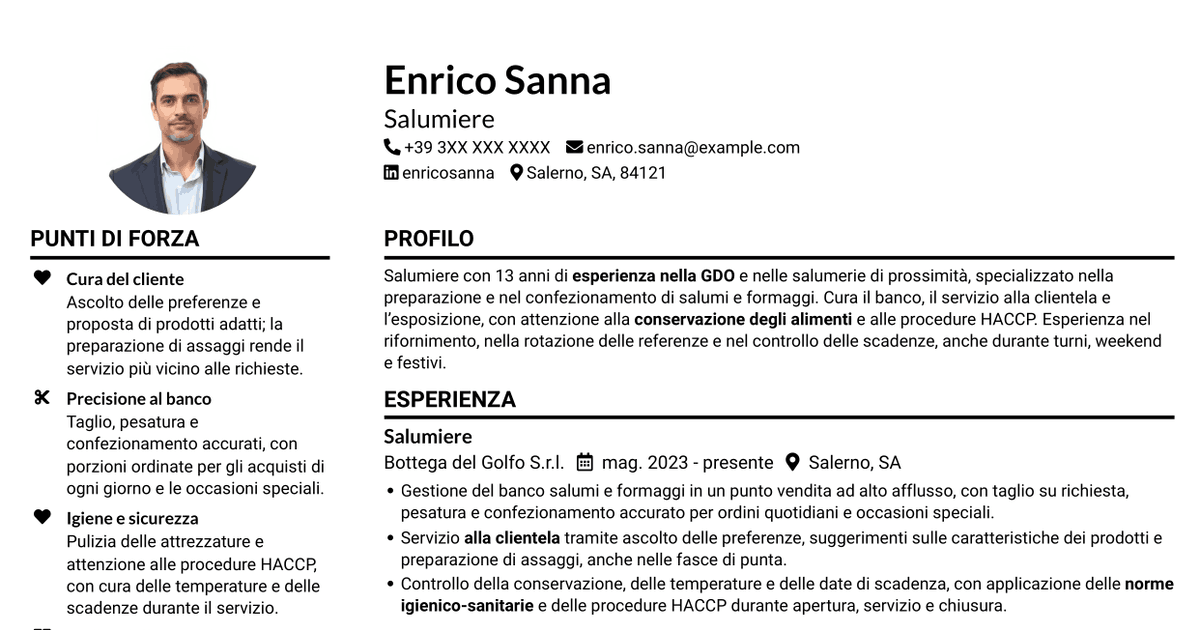 7 modelli di CV per Salumiere - Banco salumi e formaggi, con esempi
