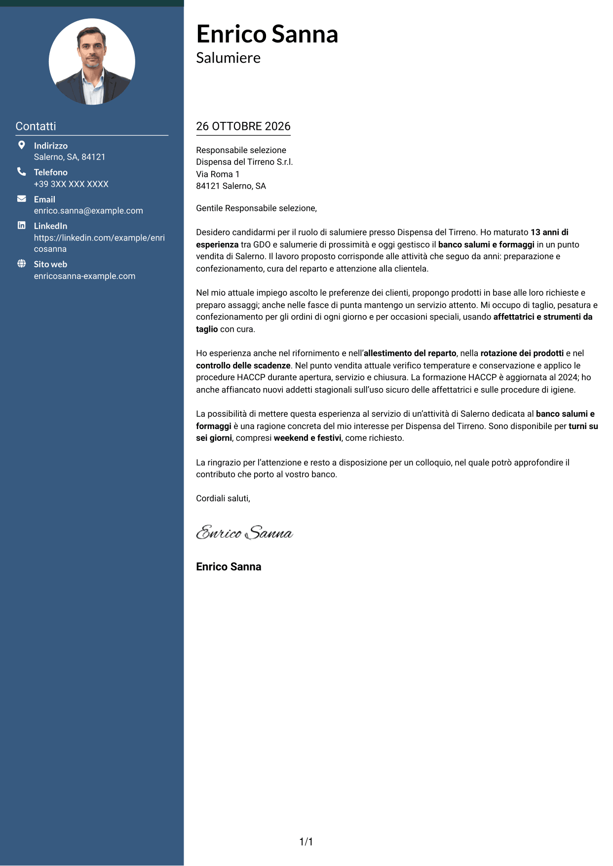 Lettera di presentazione Elegante (formato con colonna laterale colorata e foto): Salumiere - Banco salumi e formaggi, pagina 1