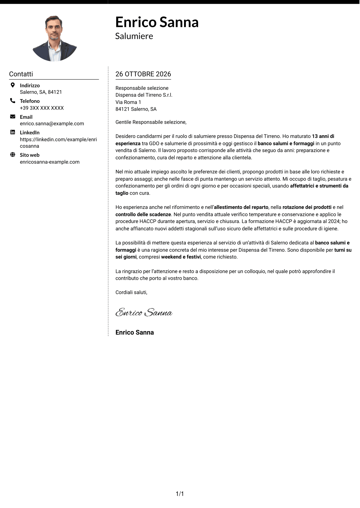 Lettera di presentazione Moderno (formato a due colonne con foto a sinistra e separatore): Salumiere - Banco salumi e formaggi, pagina 1