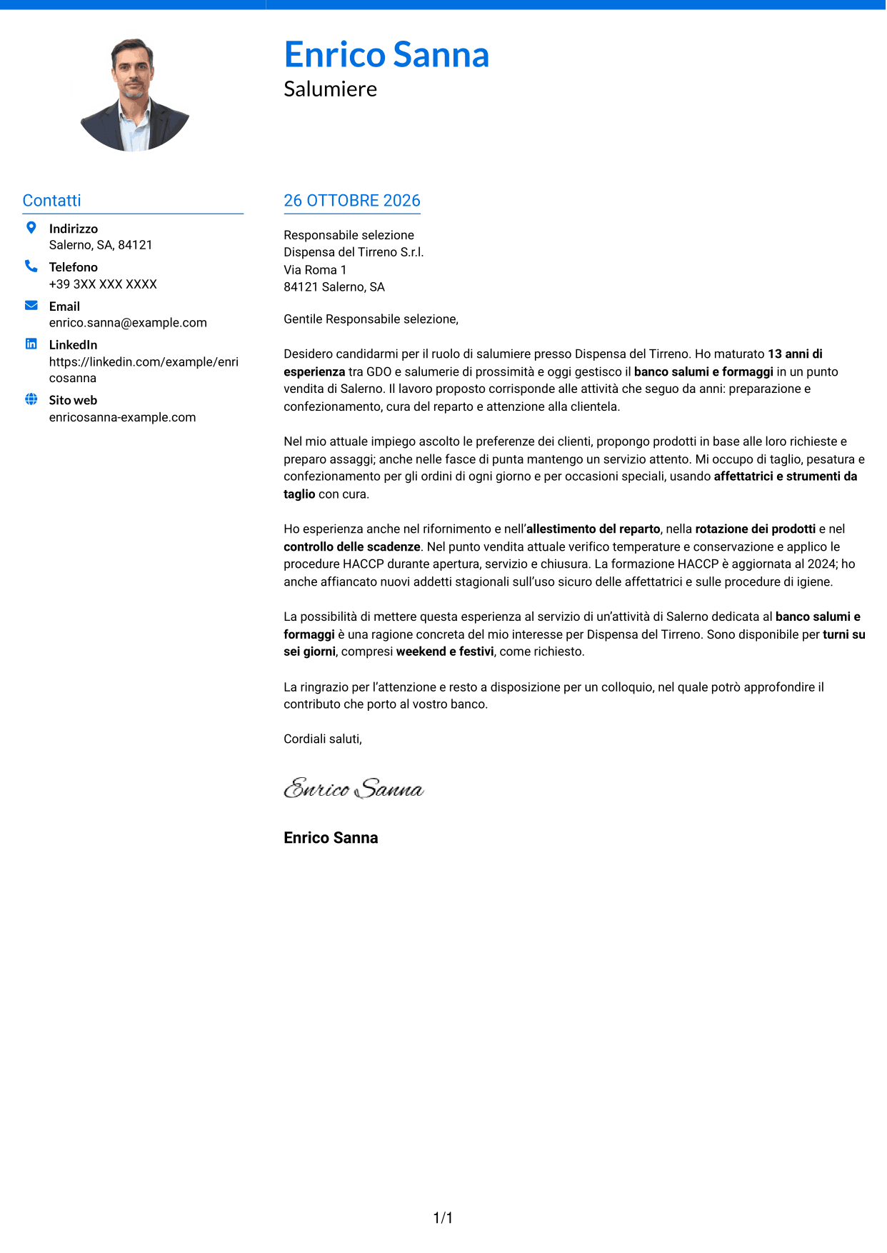 Lettera di presentazione Audace (formato a due colonne con accenti colorati e foto): Salumiere - Banco salumi e formaggi, pagina 1