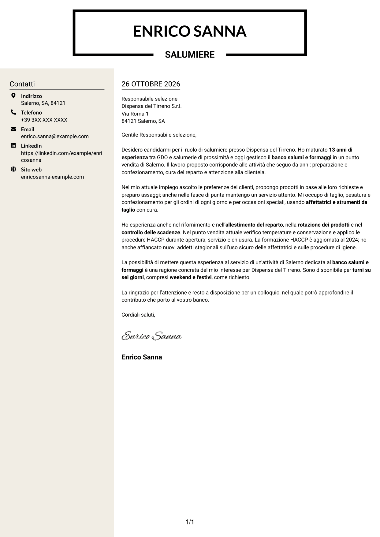 Lettera di presentazione Intraprendente (formato a due colonne con intestazione centrata senza foto): Salumiere - Banco salumi e formaggi, pagina 1