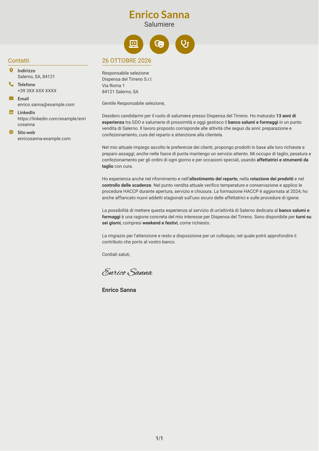 Lettera di presentazione Dinamico (formato a due colonne con icone): Salumiere - Banco salumi e formaggi, pagina 1