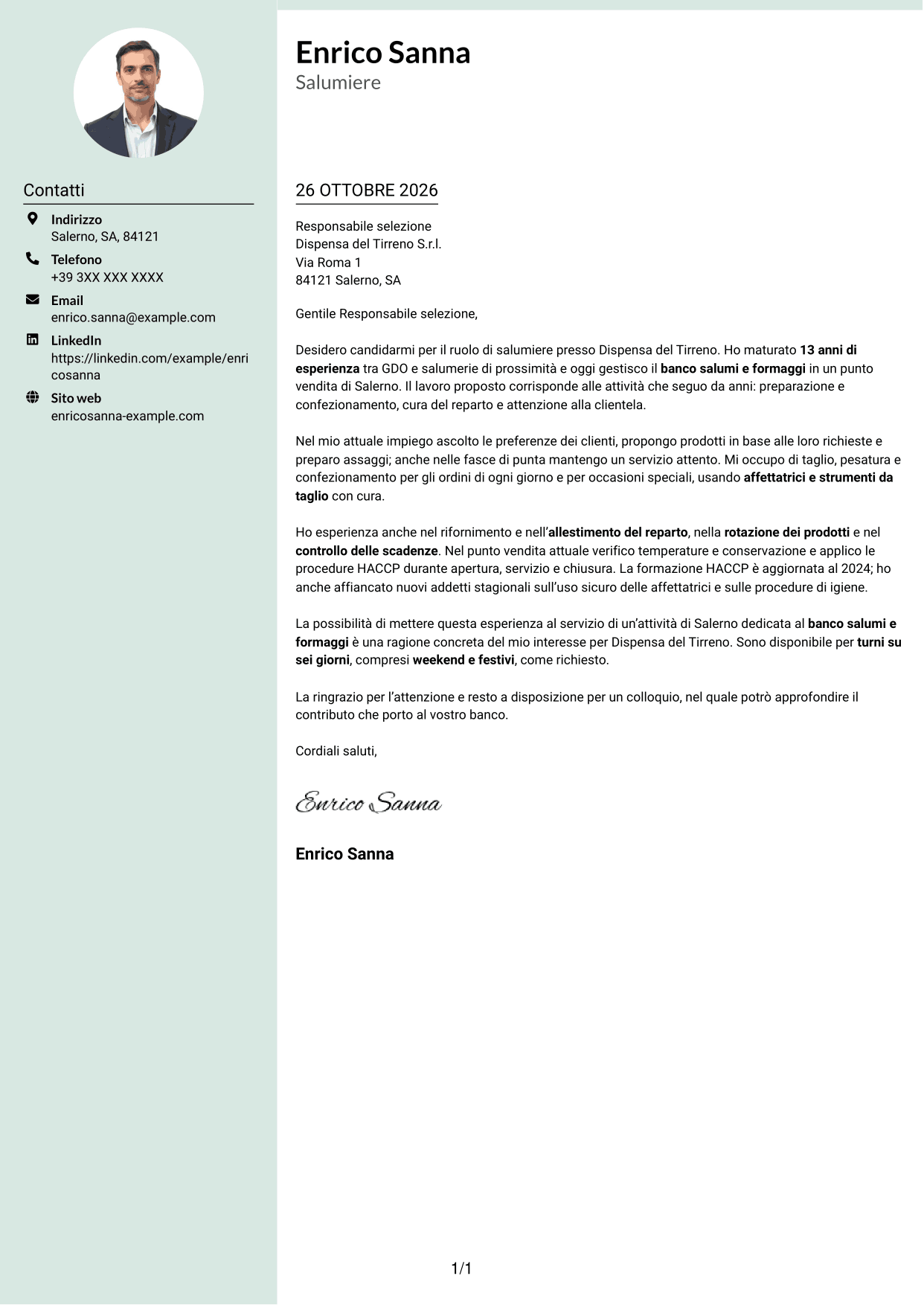 Lettera di presentazione Dirigente (formato con colonna laterale tenue e foto arrotondata): Salumiere - Banco salumi e formaggi, pagina 1